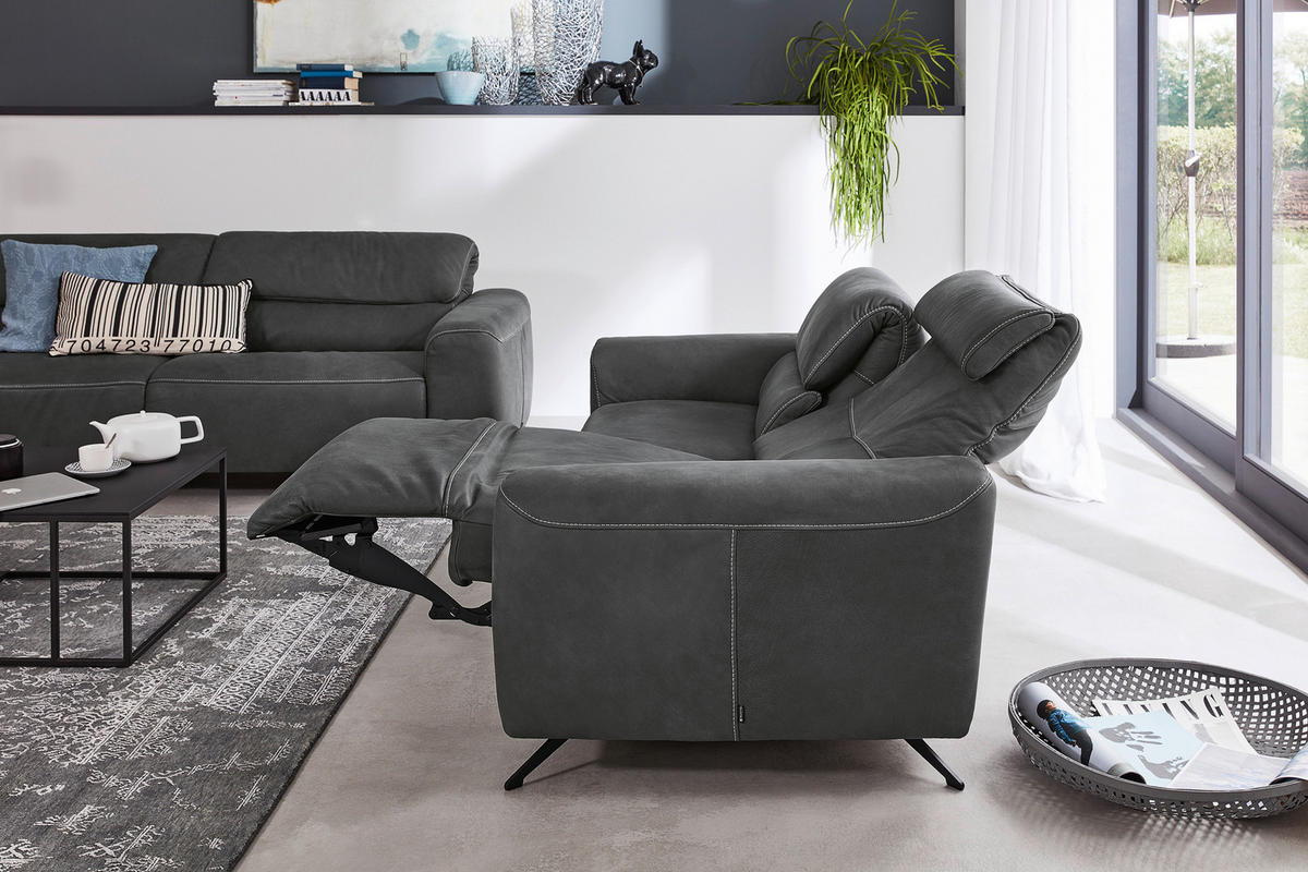 2,5-SITZER Graphitfarben Echtleder  - Beige/Schwarz, Design, Leder/Metall (204/82/96cm) - Musterring