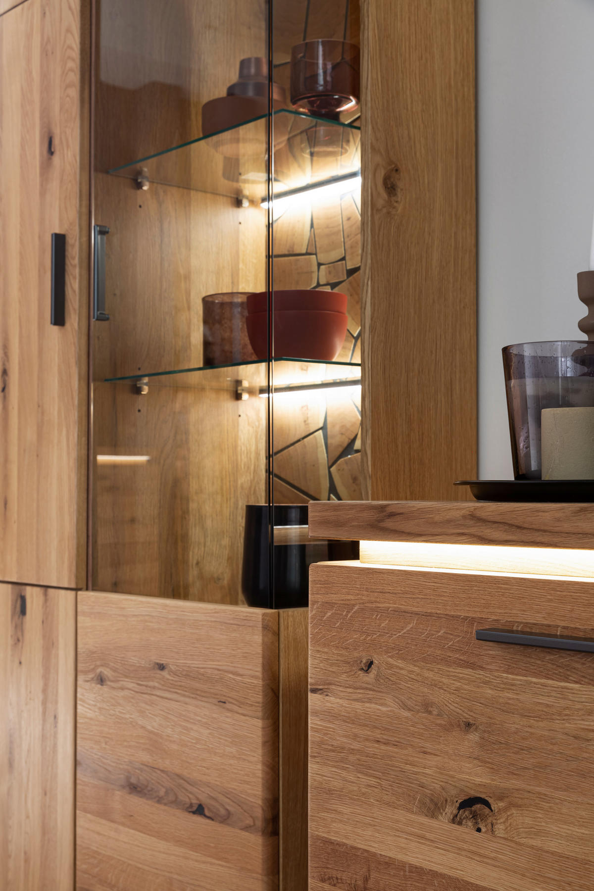 WOHNWAND 3-teilig  Eichefarben 300/204/50 cm  LED-Leuchtmittel   - Eichefarben/Schwarz, Natur, Glas/Holz (300/204/50cm) - Linea Natura