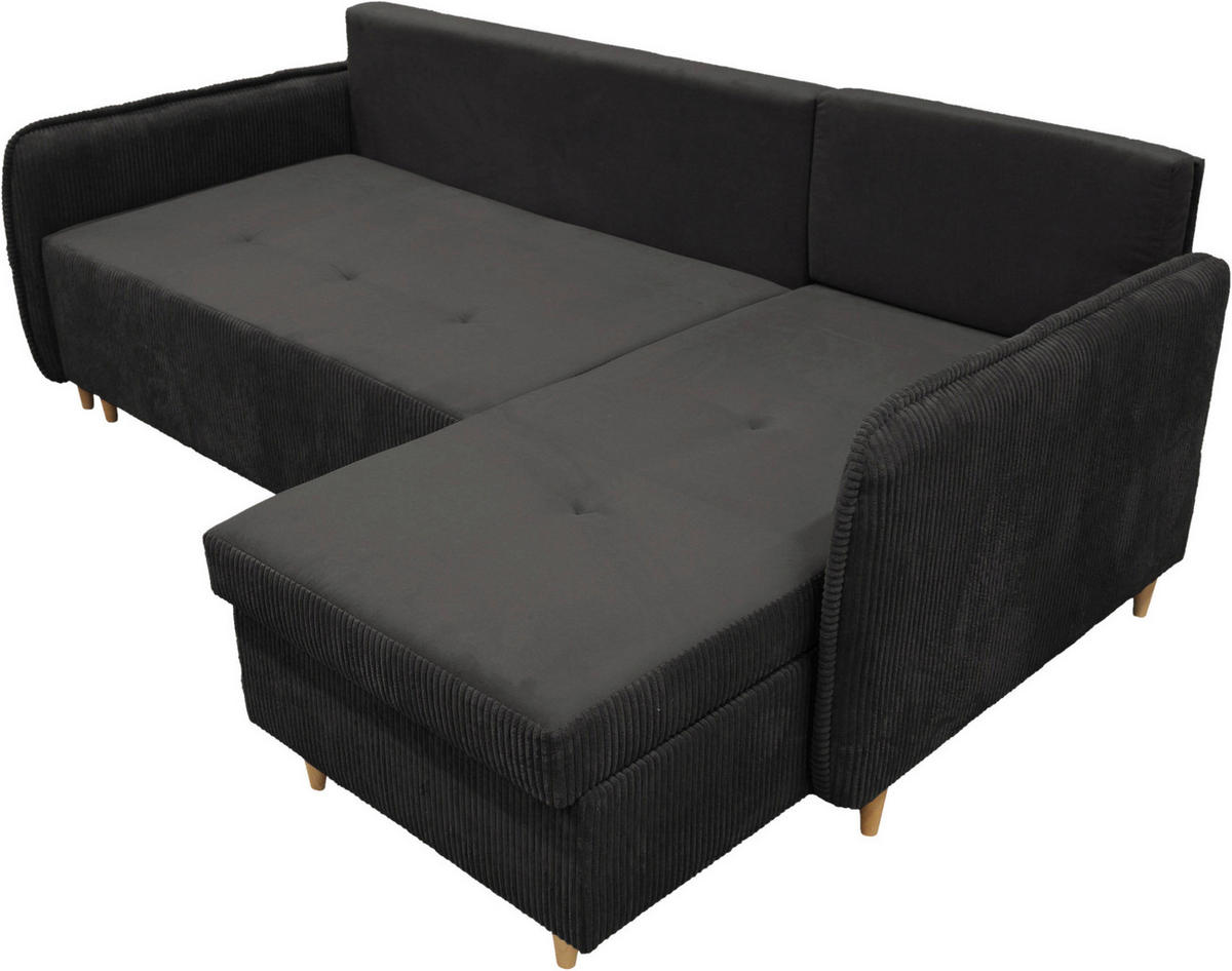 ECKSOFA TEDDY Dunkelgrau Cord, Bouclé Zierkissen, Rückenkissen, Bettkasten  - Dunkelgrau/Naturfarben, Design, Holz/Textil (215/142cm) - MID.YOU