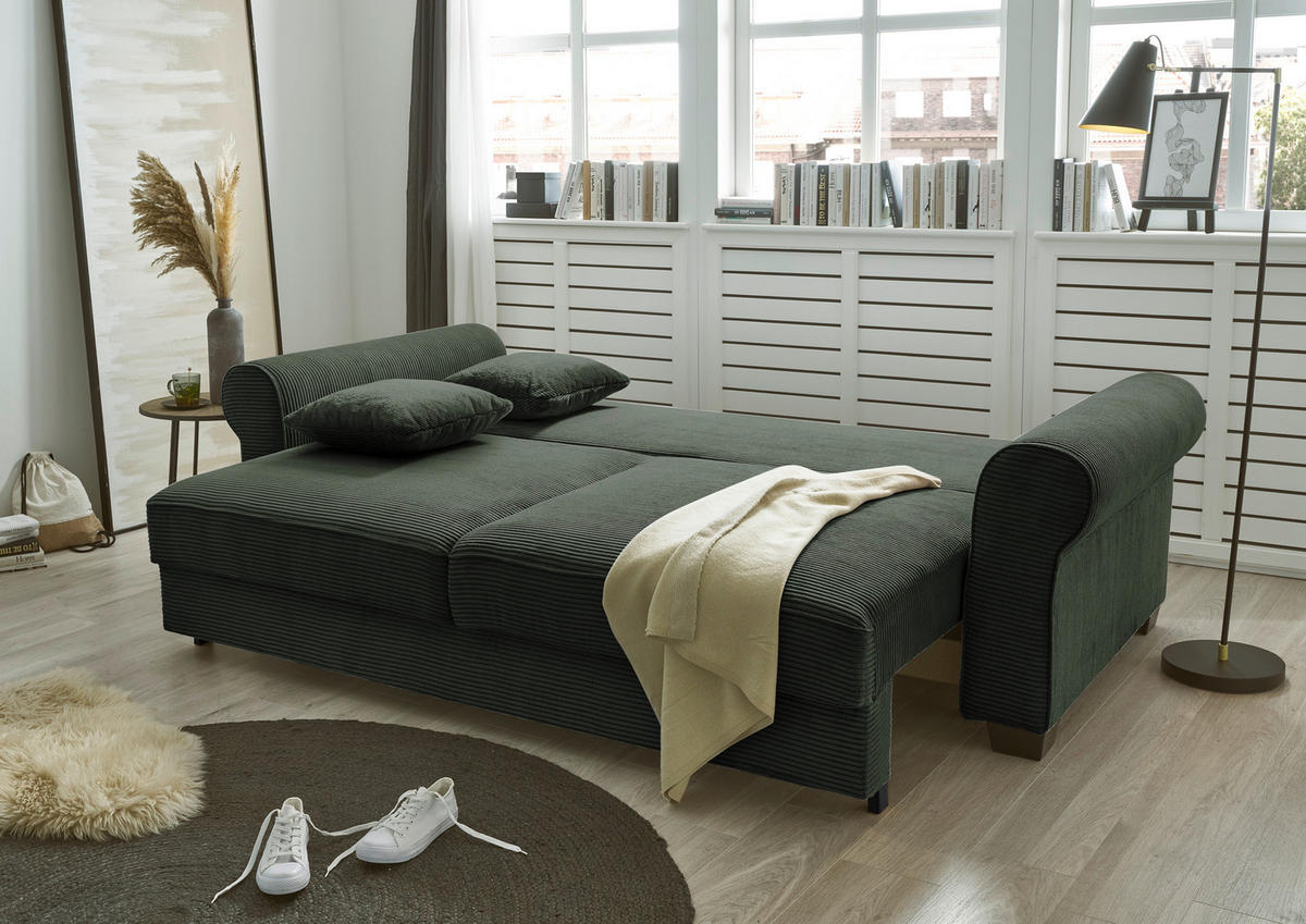 SCHLAFSOFA Cord Dunkelgrün  - Dunkelgrün/Schwarz, Basics, Kunststoff/Textil (250/95/125cm) - MID.YOU