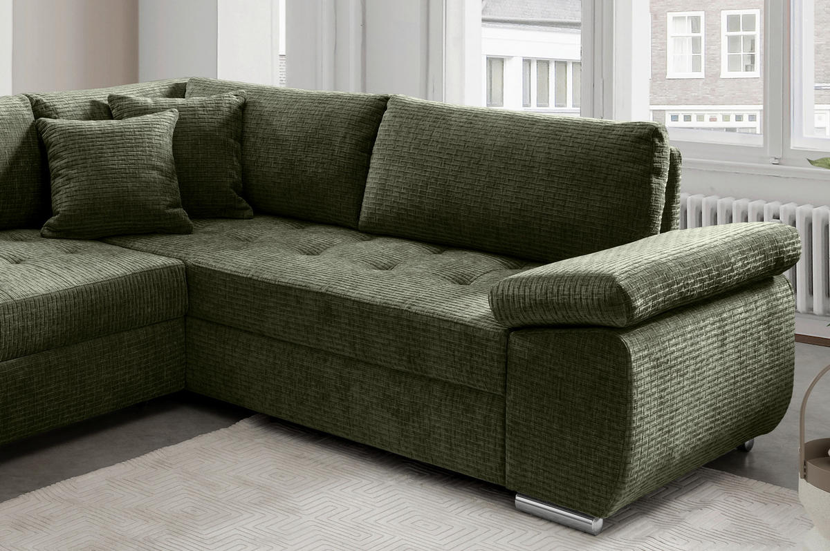 WOHNLANDSCHAFT Olivgrün Mikrofaser  - Chromfarben/Olivgrün, KONVENTIONELL, Textil/Metall (157/305/219cm) - Livetastic
