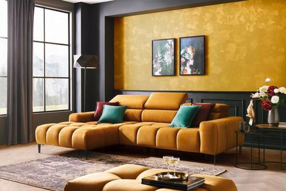 ECKSOFA in Webstoff Currygelb  - Currygelb/Schwarz, Design, Textil/Metall (270/177cm) - Welnova