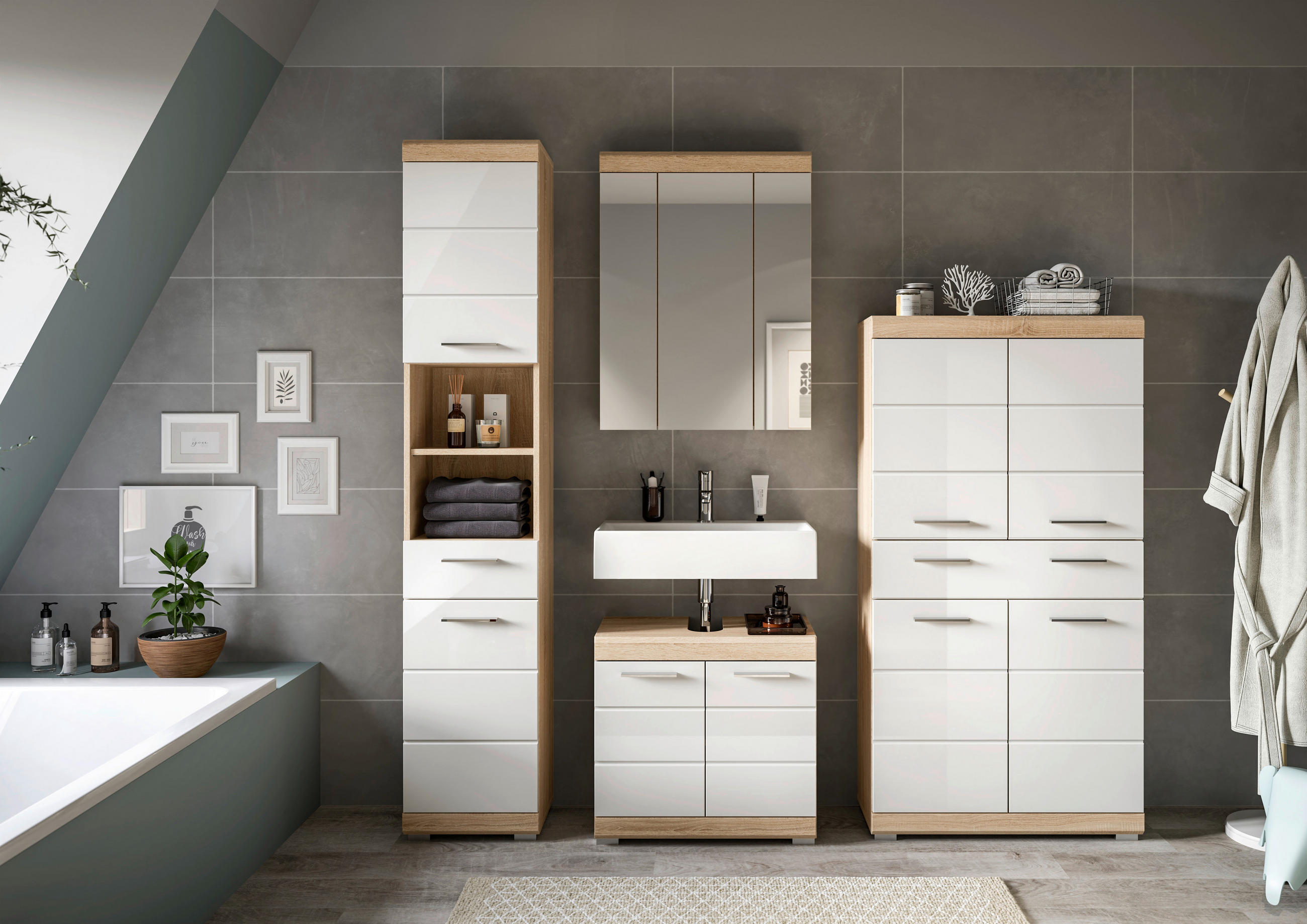 BADEZIMMER 4-teilig  in 171 cm  - Weiß Hochglanz/Silberfarben, MODERN, Glas/Holzwerkstoff (171cm) - MID.YOU