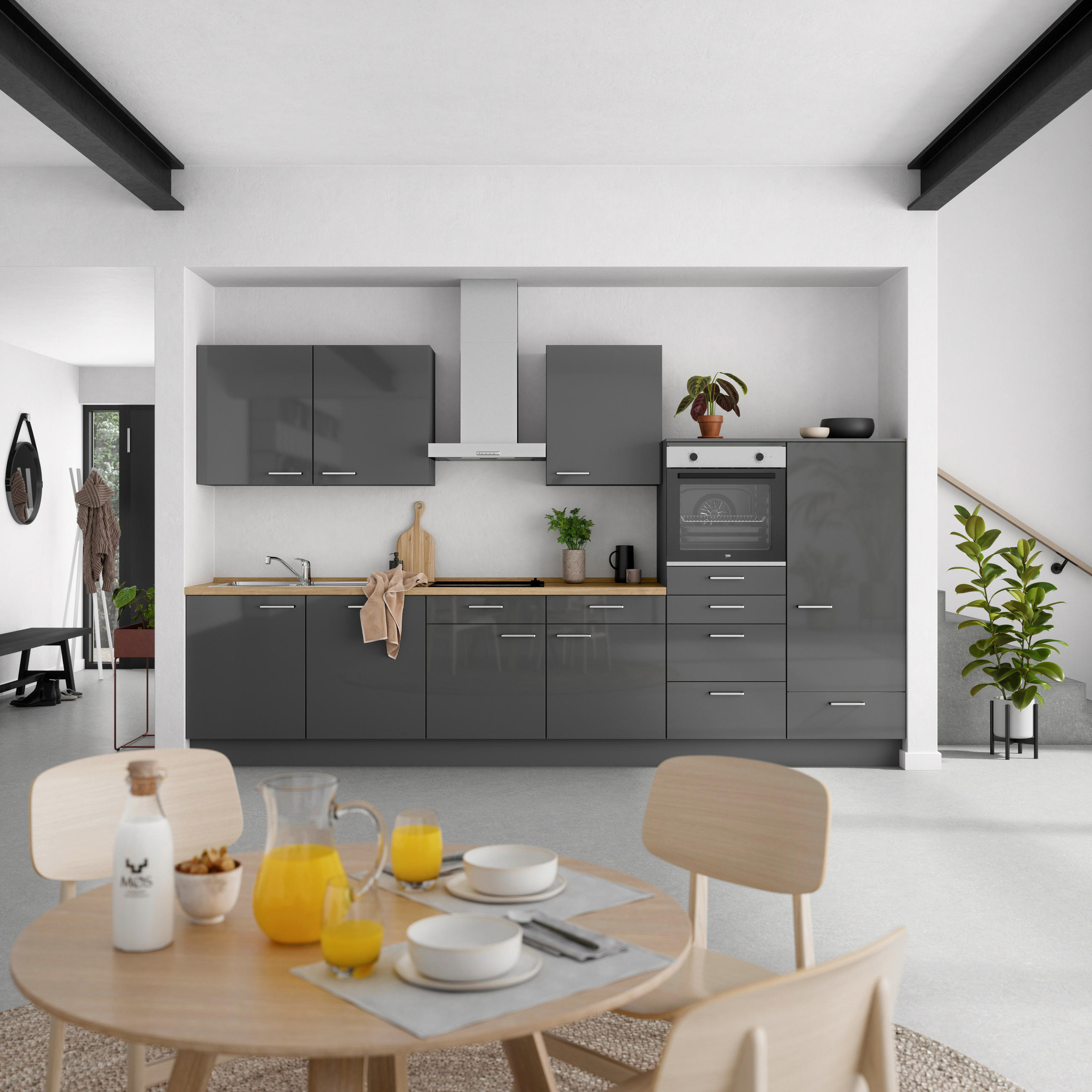 KÜCHENLEERBLOCK 360 cm   in Eichefarben, Schieferfarben  - Schieferfarben/Edelstahlfarben, MODERN, Holzwerkstoff/Metall (360cm) - Nobilia