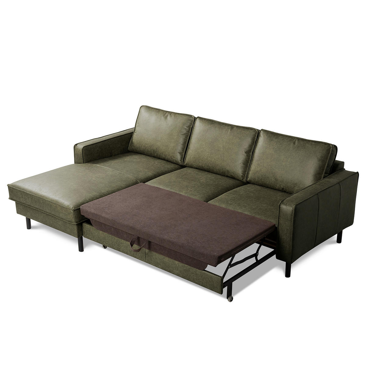 ECKSOFA Grün Echtleder Lederlook Bettkasten, Schlaffunktion, Rücken echt  - Schwarz/Grün, Design, Leder/Textil (166/238cm) - Livetastic