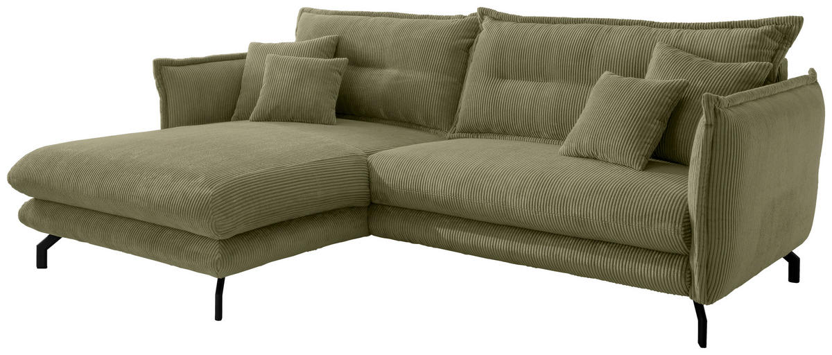 Wohnlandschaft in Cord Olivgrün  - Schwarz/Olivgrün, Modern, Textil/Metall (180/255cm) - Livetastic