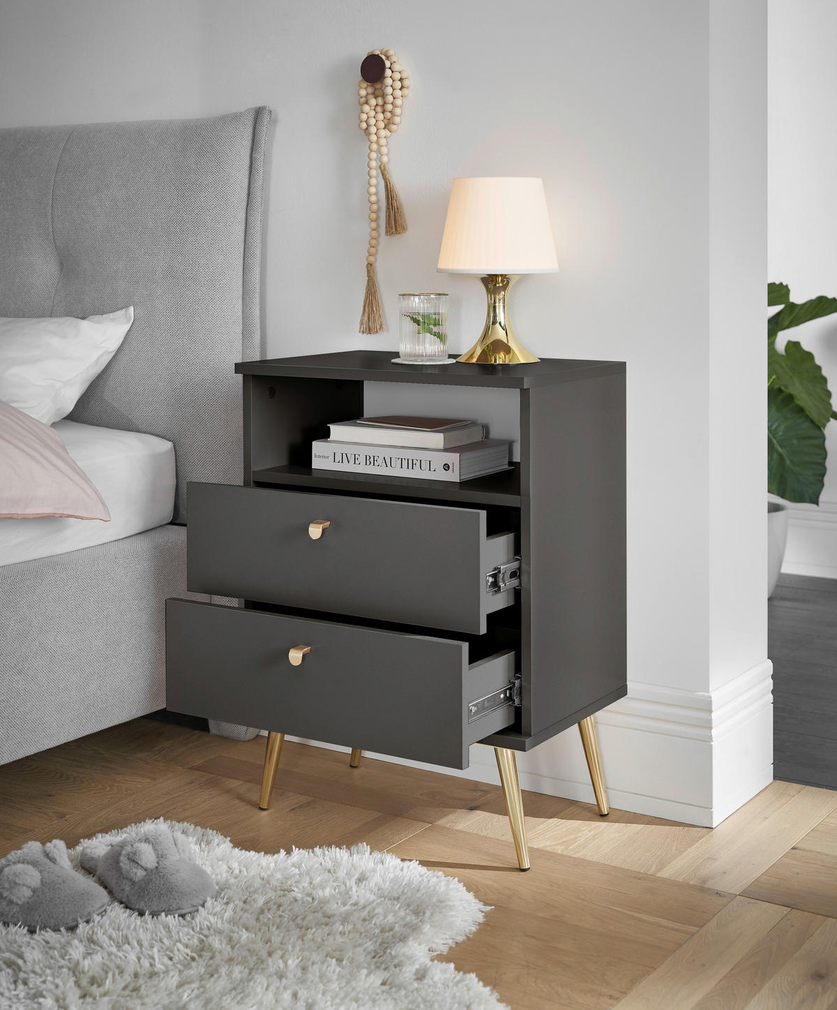 NACHTSCHRANK 50/70/34 cm  - Messingfarben/Graphitfarben, KONVENTIONELL, Holzwerkstoff/Metall (50/70/34cm) - Carryhome