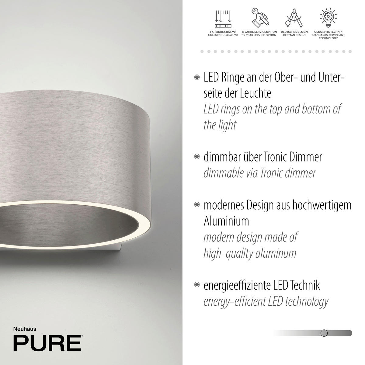 LED-WANDLEUCHTE Pure Clipse 18,5/15/8 cm   - Alufarben, Design, Kunststoff/Metall (18,5/15/8cm) - Neuhaus PURE