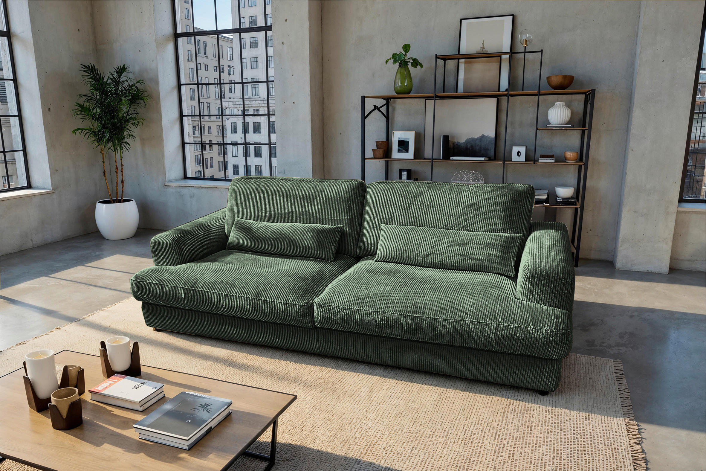 MEGASOFA Cord Dunkelgrün  - Dunkelgrün/Schwarz, MODERN, Kunststoff/Textil (260/85/112cm) - Lomoco