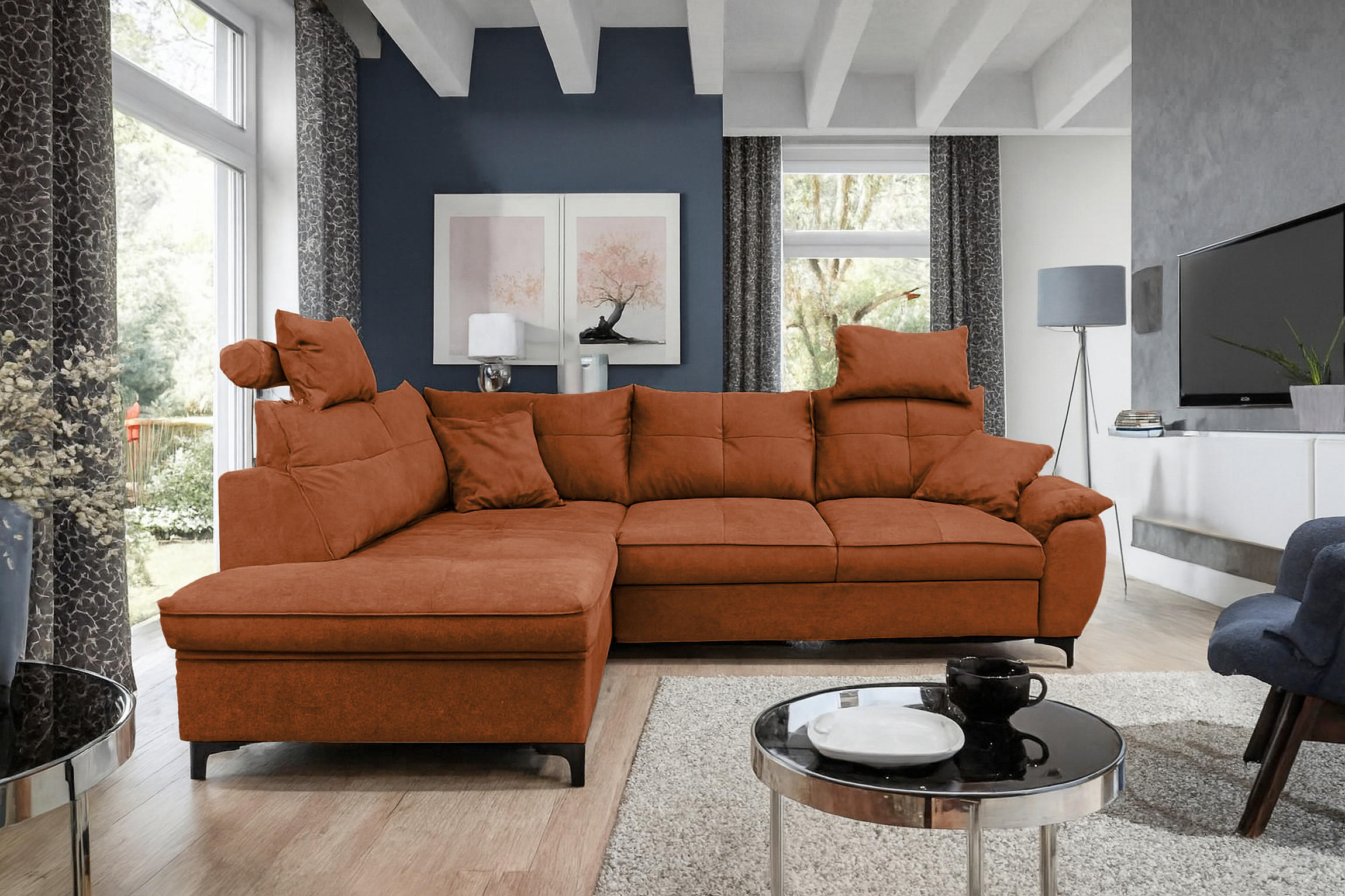 ECKSOFA SOLEI Rot Chenille Zierkissen, Bettkasten, Kopfstütze  - Rot/Schwarz, Design, Kunststoff/Textil (203/265cm) - MID.YOU