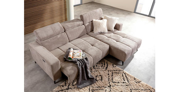 ECKSOFA Taupe Cord Rücken echt, Kopfteilverstellung, Sitzvorzug  - Taupe/Schwarz, KONVENTIONELL, Textil/Metall (257/170cm) - Carryhome