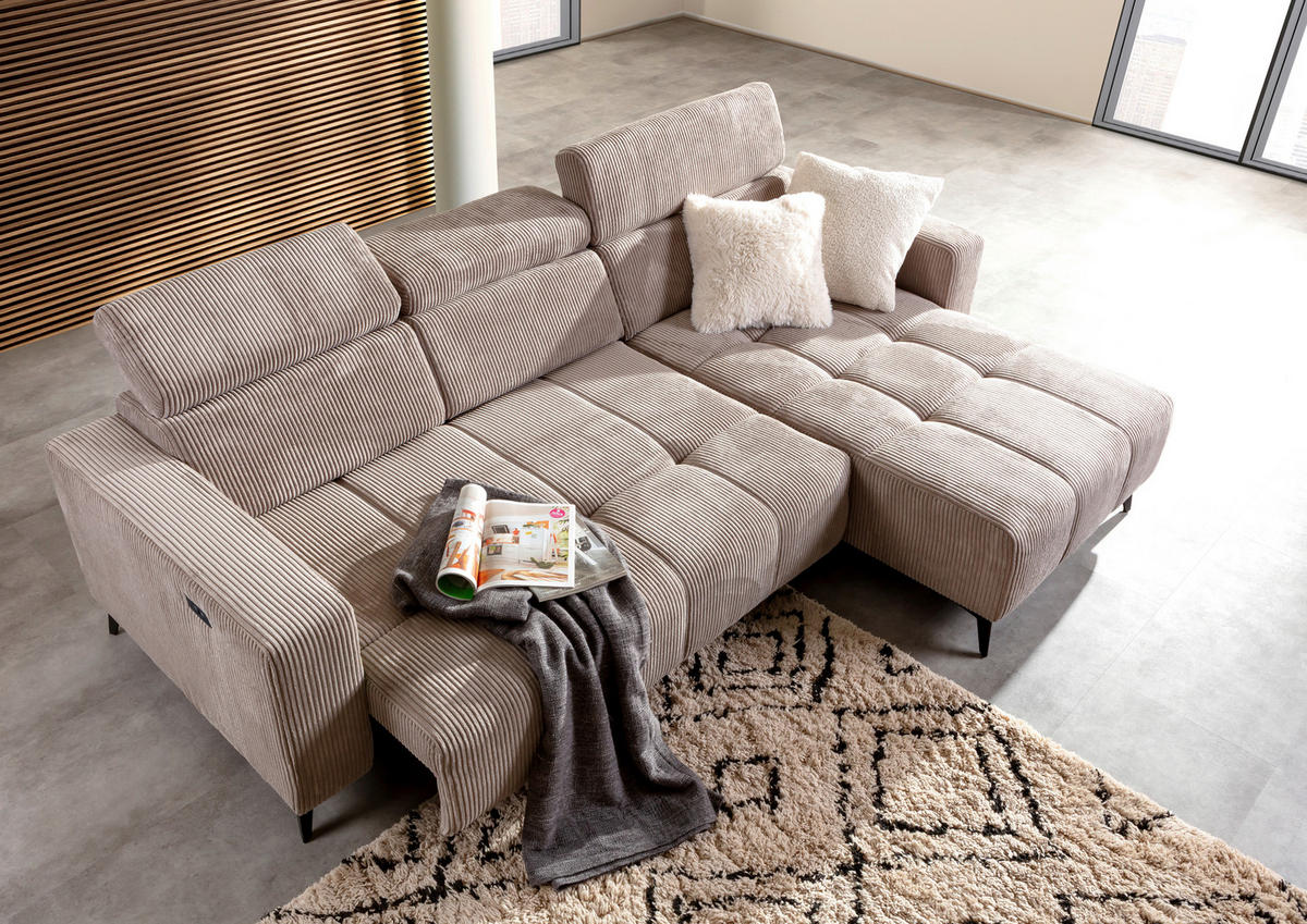 ECKSOFA Taupe Cord Rücken echt, Kopfteilverstellung, Sitzvorzug  - Taupe/Schwarz, KONVENTIONELL, Textil/Metall (257/170cm) - Carryhome