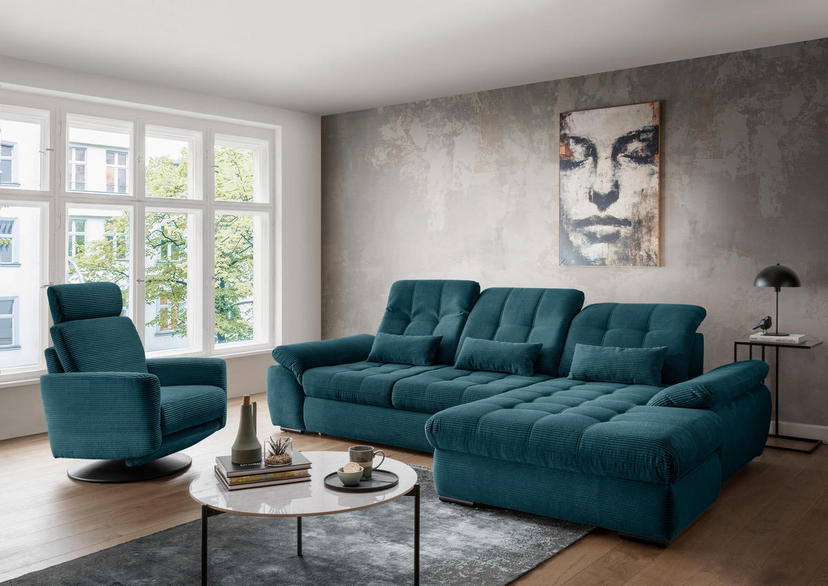 ECKSOFA in Cord Petrol  - Petrol/Schwarz, Modern, Textil/Metall (314/184cm) - Livetastic