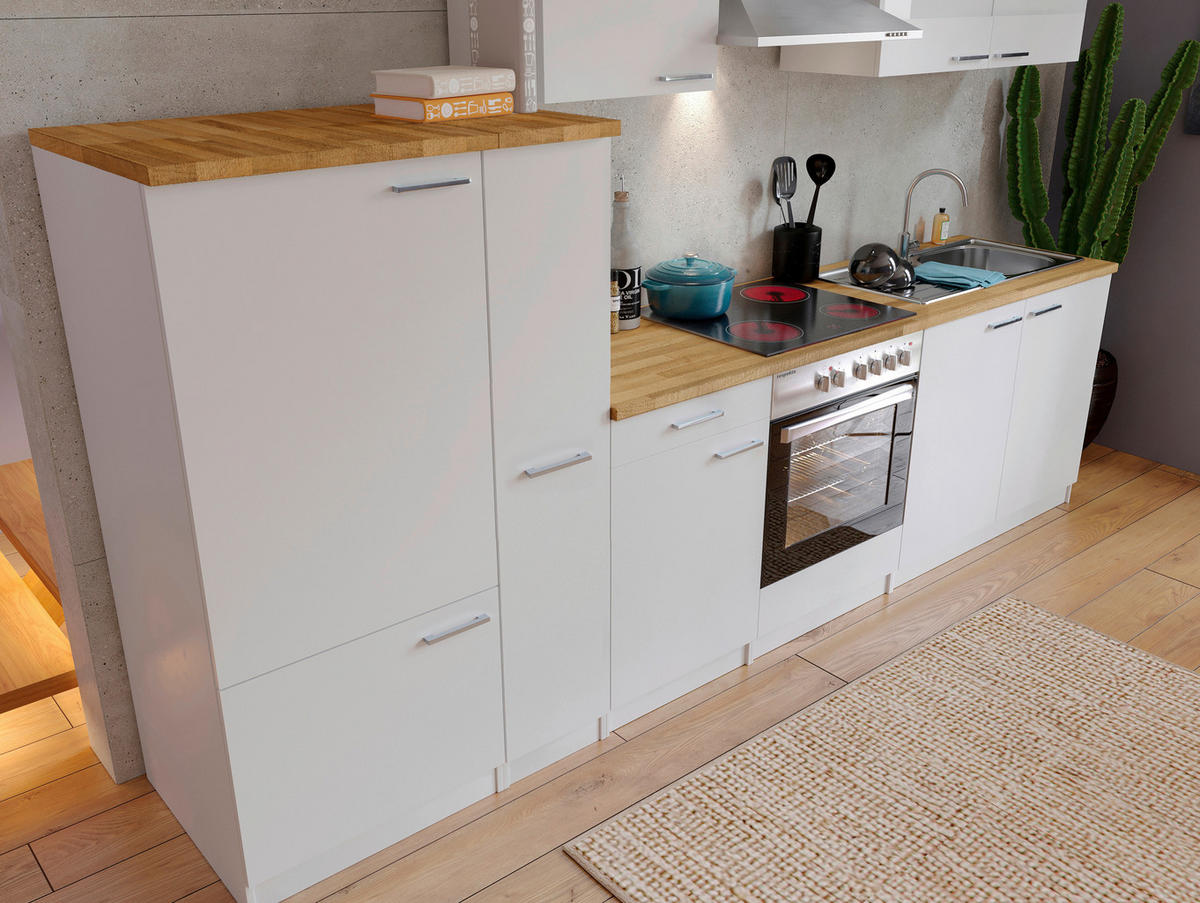 KÜCHENBLOCK 300 cm   in Weiss  - Weiss/Edelstahlfarben, Basics, Holzwerkstoff/Metall (300cm) - Respekta
