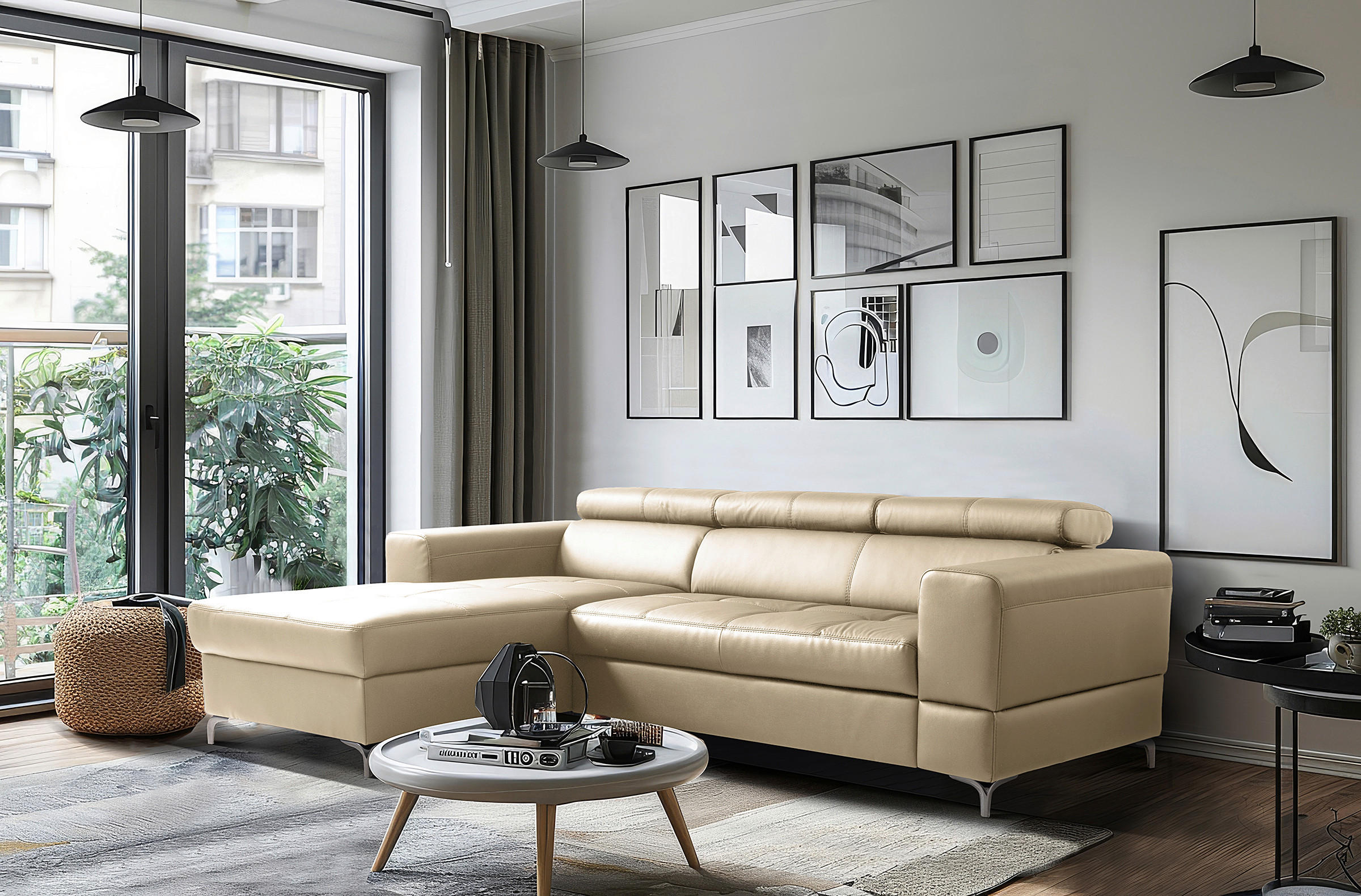 ECKSOFA  in Lederlook Echtleder Hellgrau  - Hellgrau/Schwarz, Design, Leder/Textil (173/247cm) - Livetastic