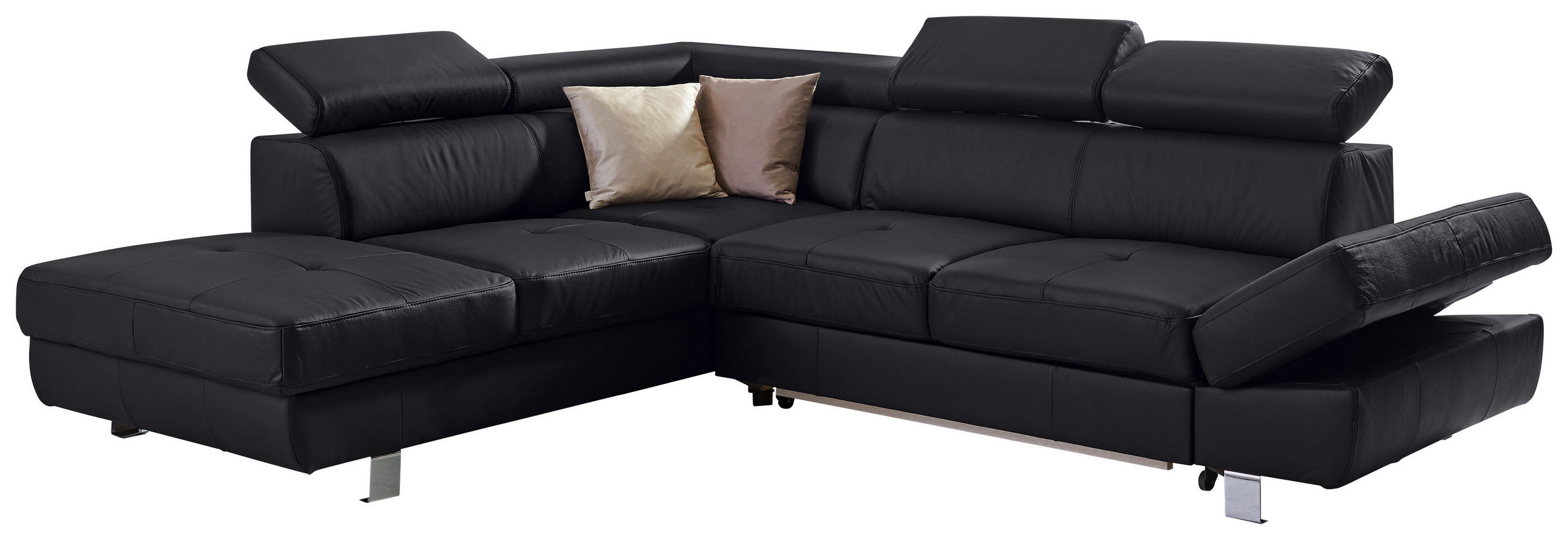 ECKSOFA Schwarz Kombination Echtleder/Lederlook Lederlook Schlaffunktion, Armteilverstellung, Kopfteilverstellung  - Chromfarben/Schwarz, Design, Leder/Textil (212/265cm) - Stylife