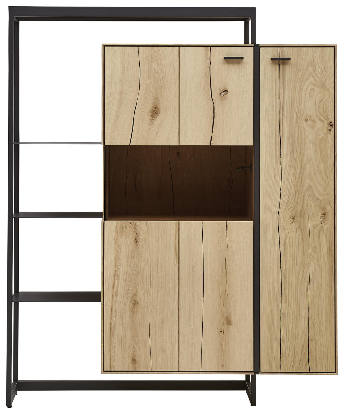 HIGHBOARD Wildeiche, Balkeneiche massiv Eichefarben Einlegeböden  - Eichefarben/Schwarz, Natur, Glas/Holz (129,3/158/41,1cm) - Valnatura