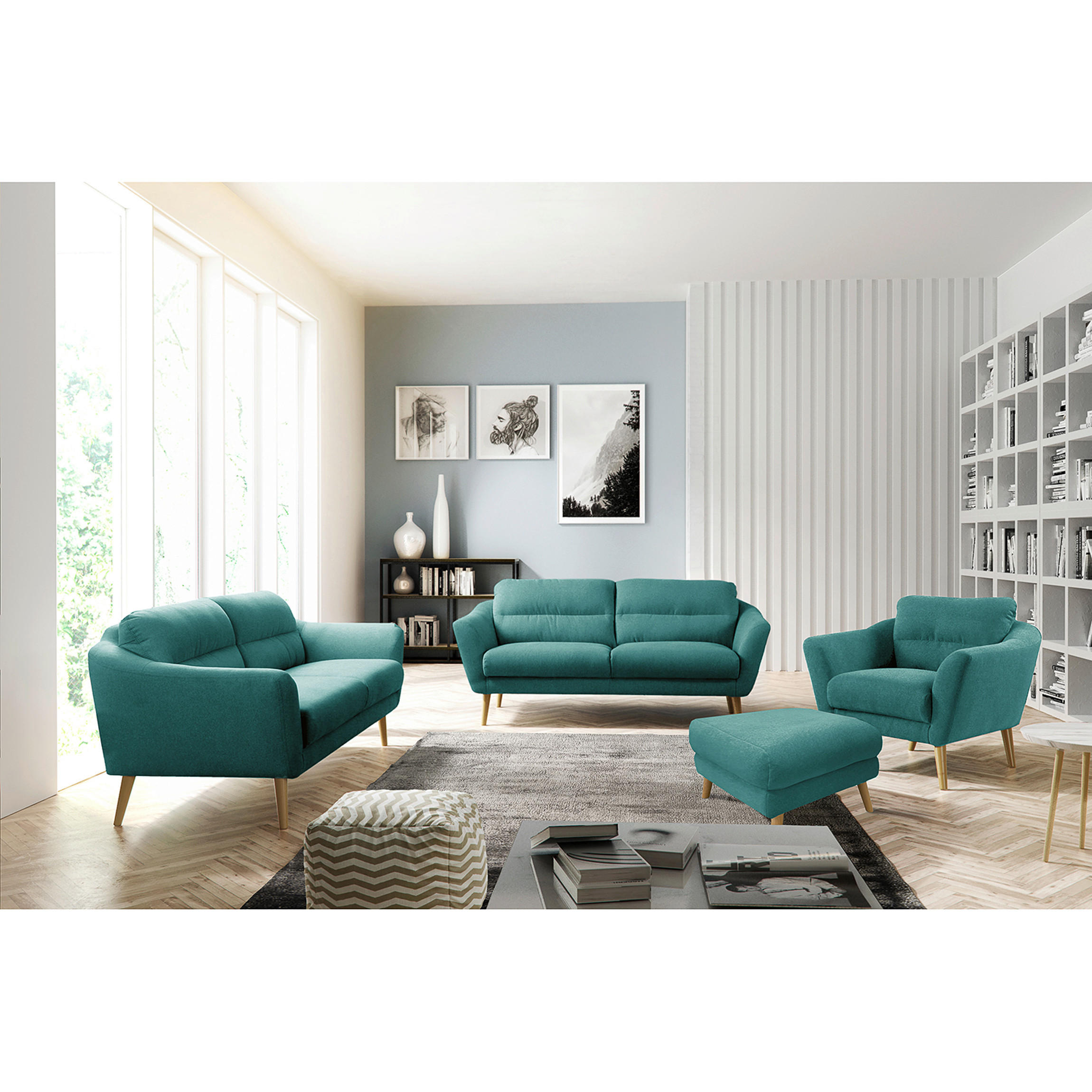 HOCKERTextil Türkis  - Türkis/Buchefarben, Design, Holz/Textil (61/49/65cm) - Livetastic