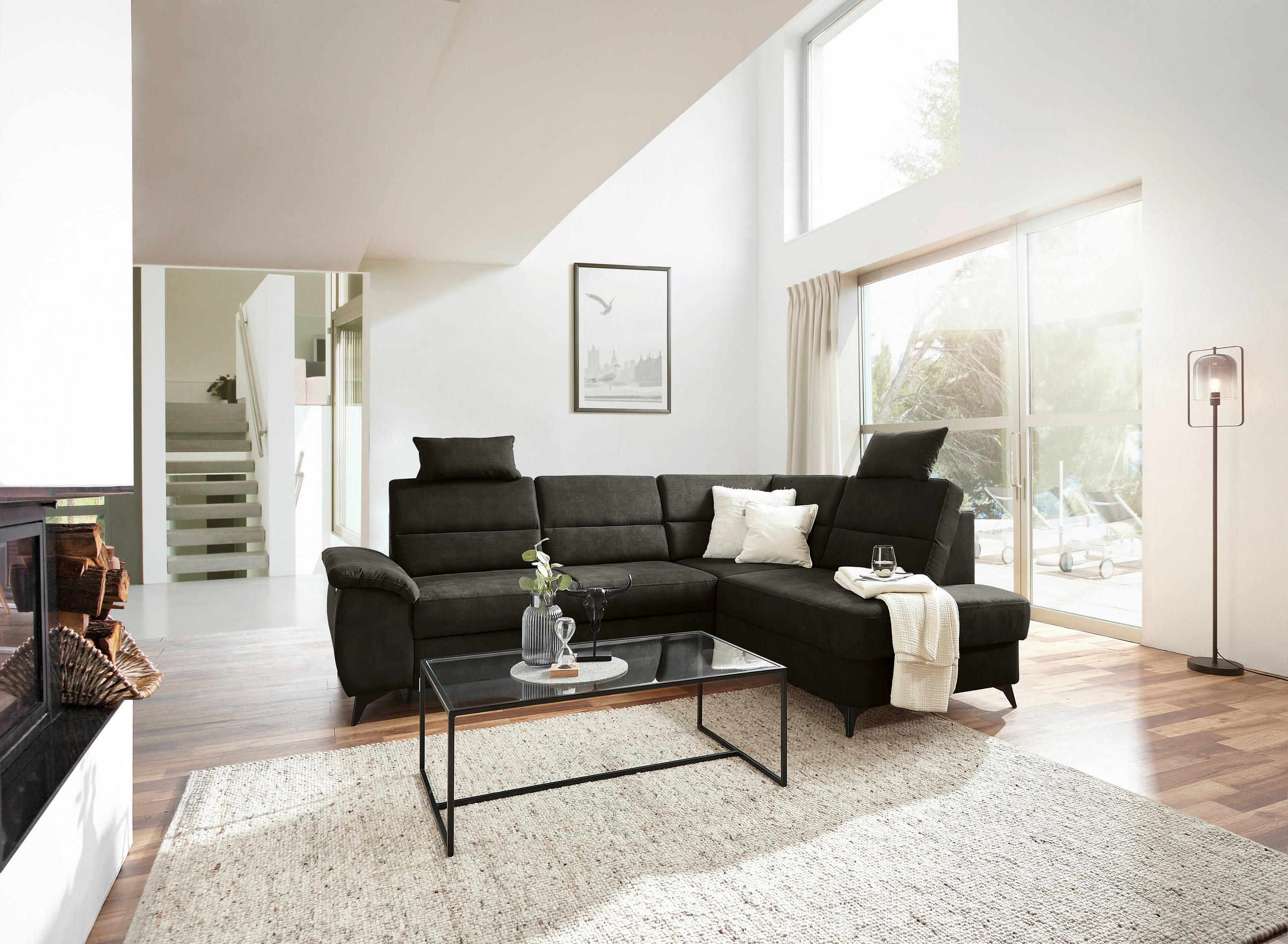Wohnlandschaft inkl.Funktionen Dunkelbraun Lederlook - Dunkelbraun/Schwarz, KONVENTIONELL, Textil/Metall (257/194cm) - Cantus