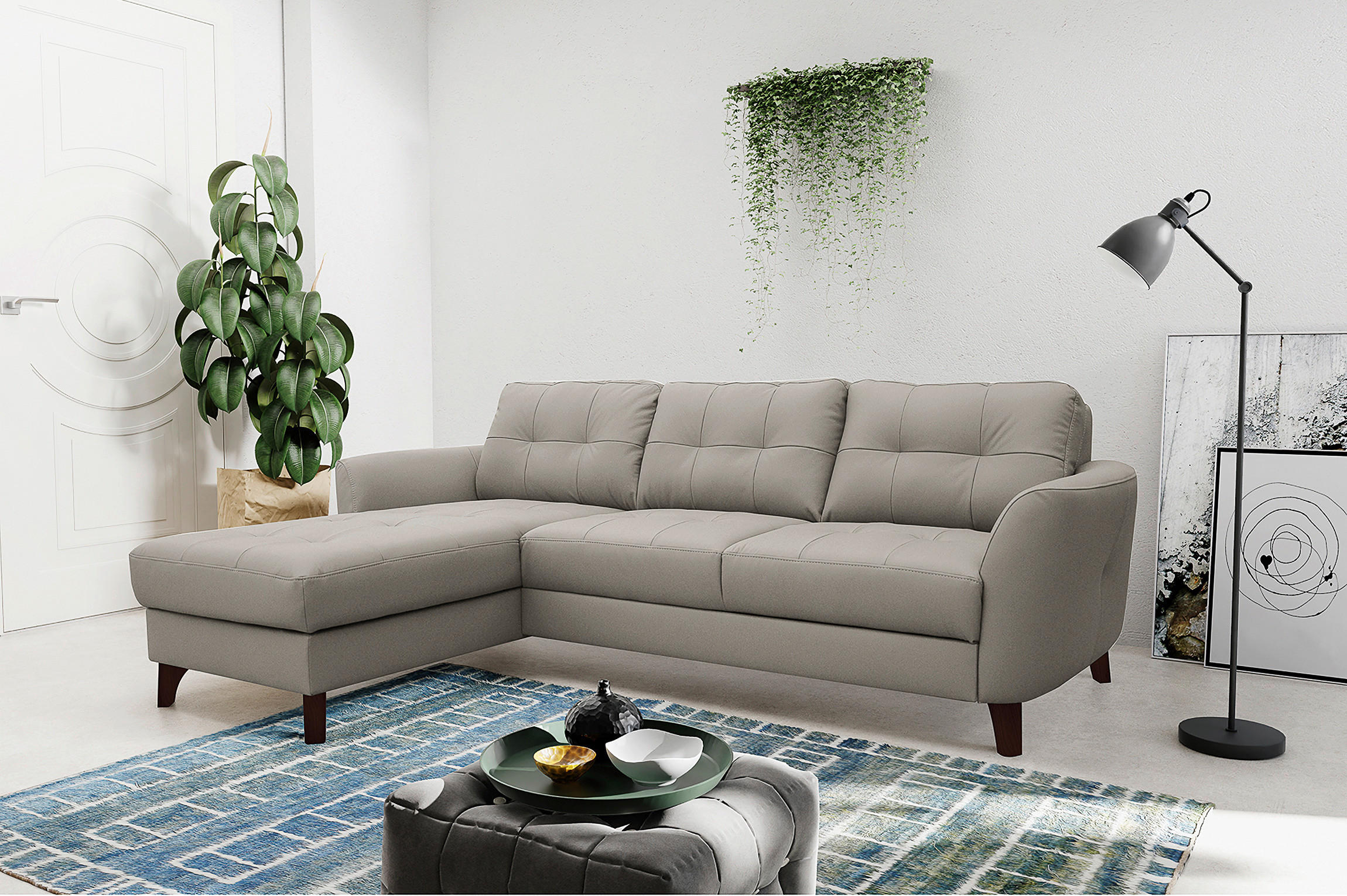 ECKSOFA in Lederlook Echtleder Platinfarben  - Platinfarben/Buchefarben, Design, Leder/Holz (238/168cm) - Livetastic
