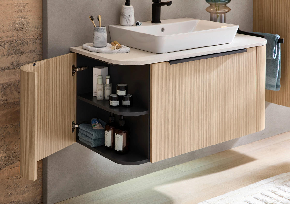 BADEZIMMER 3-teilig  in 107,2 cm  - Eichefarben/Schwarz, Natur, Glas/Keramik (107,2cm) - Sadena