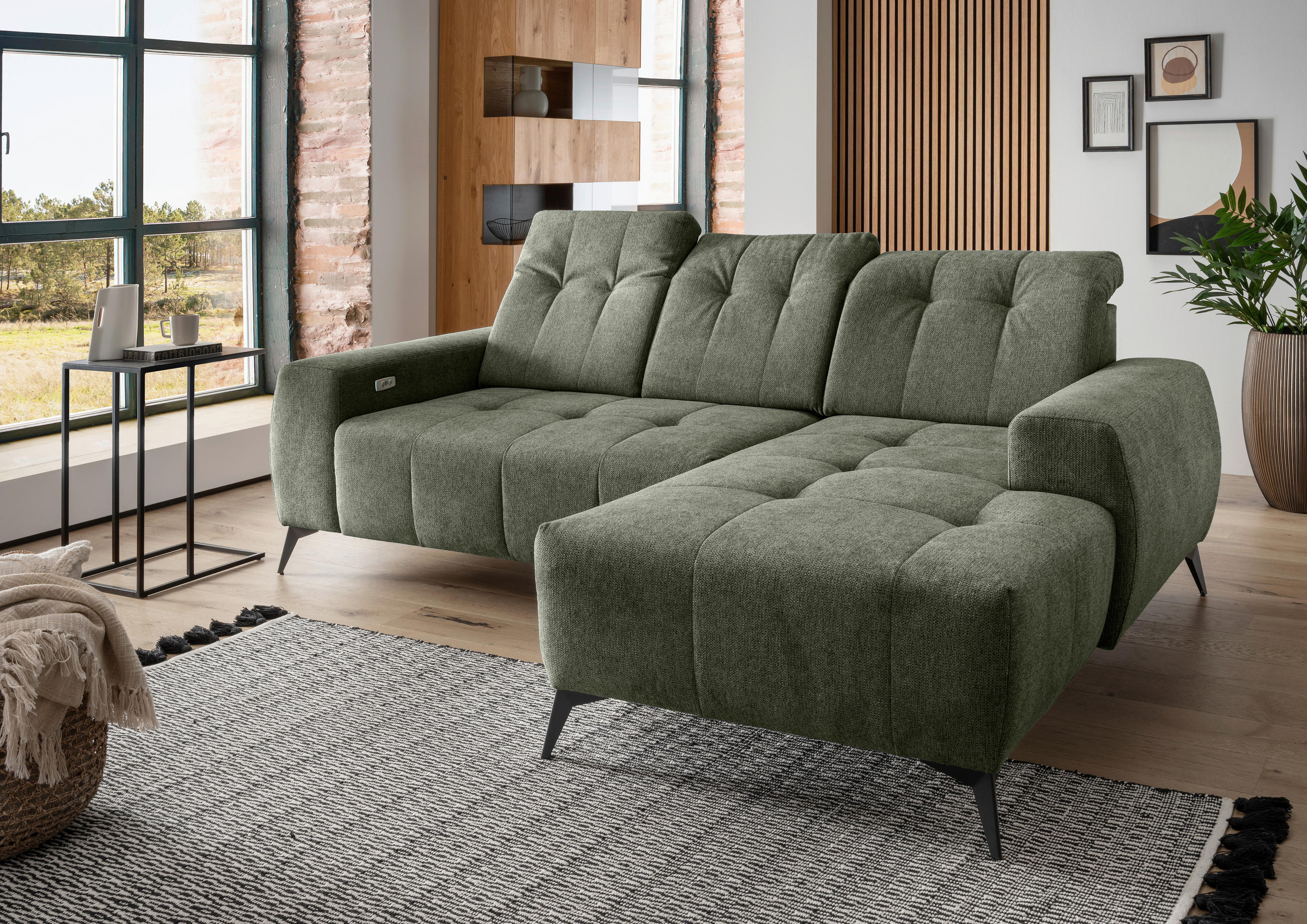ECKSOFA in Chenille Grün  - Schwarz/Grün, Modern, Textil/Metall (258/180cm) - Livetastic