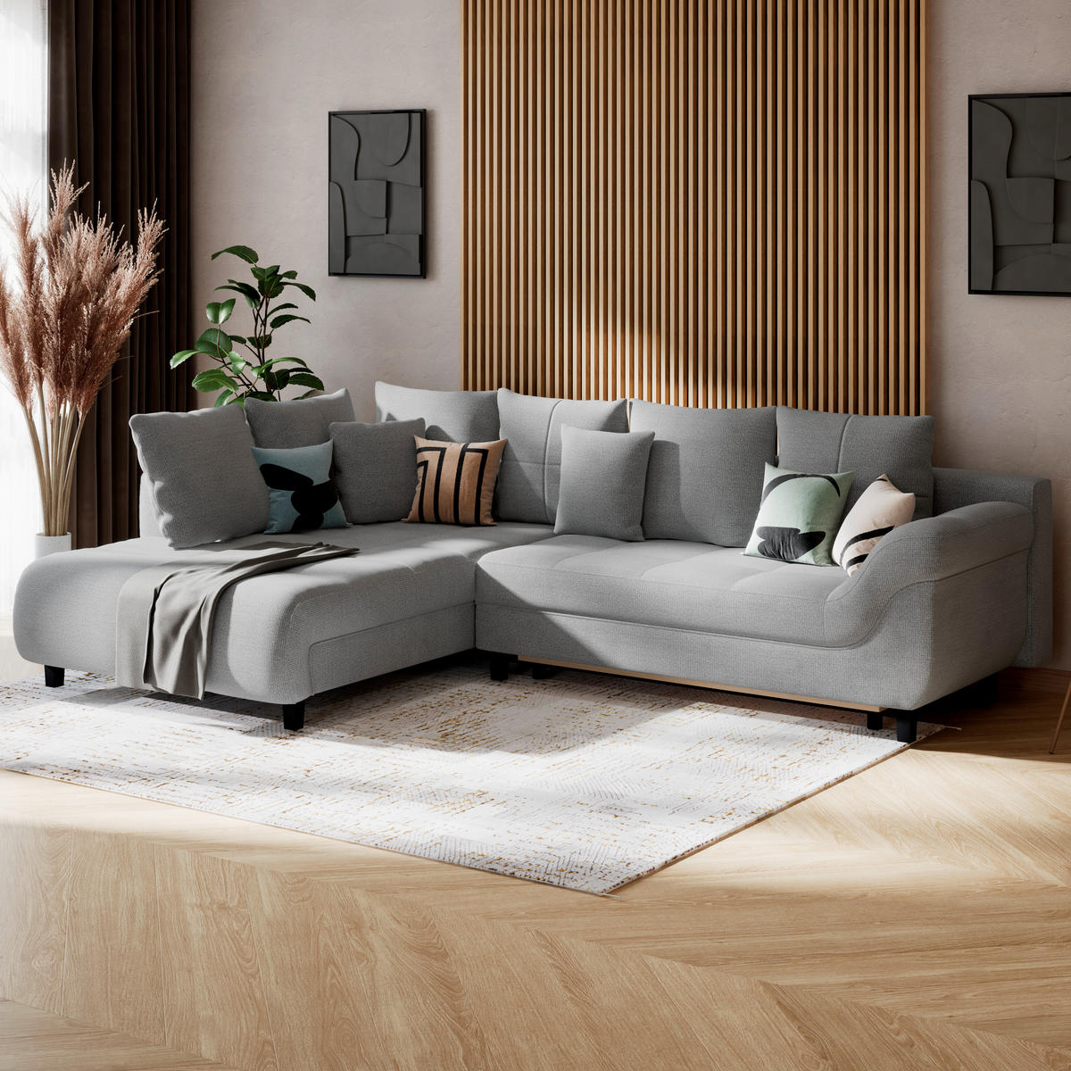 ECKSOFA MENDOZA NEW Blaugrau Chenille, Struktur Zierkissen, Rückenkissen, Bettkasten  - Blaugrau/Schwarz, KONVENTIONELL, Textil (197/309cm) - MID.YOU