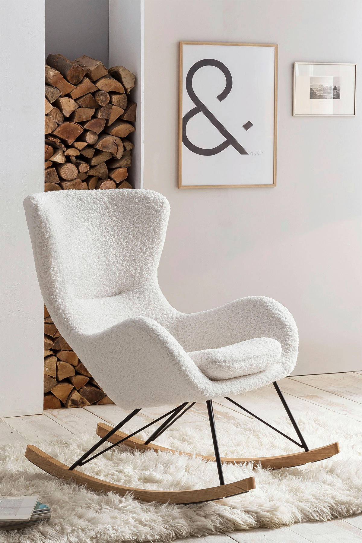 SCHAUKELSTUHL in Teddystoff Weiß  - Eichefarben/Weiß, MODERN, Holz/Textil (75/106/102cm) - Livetastic