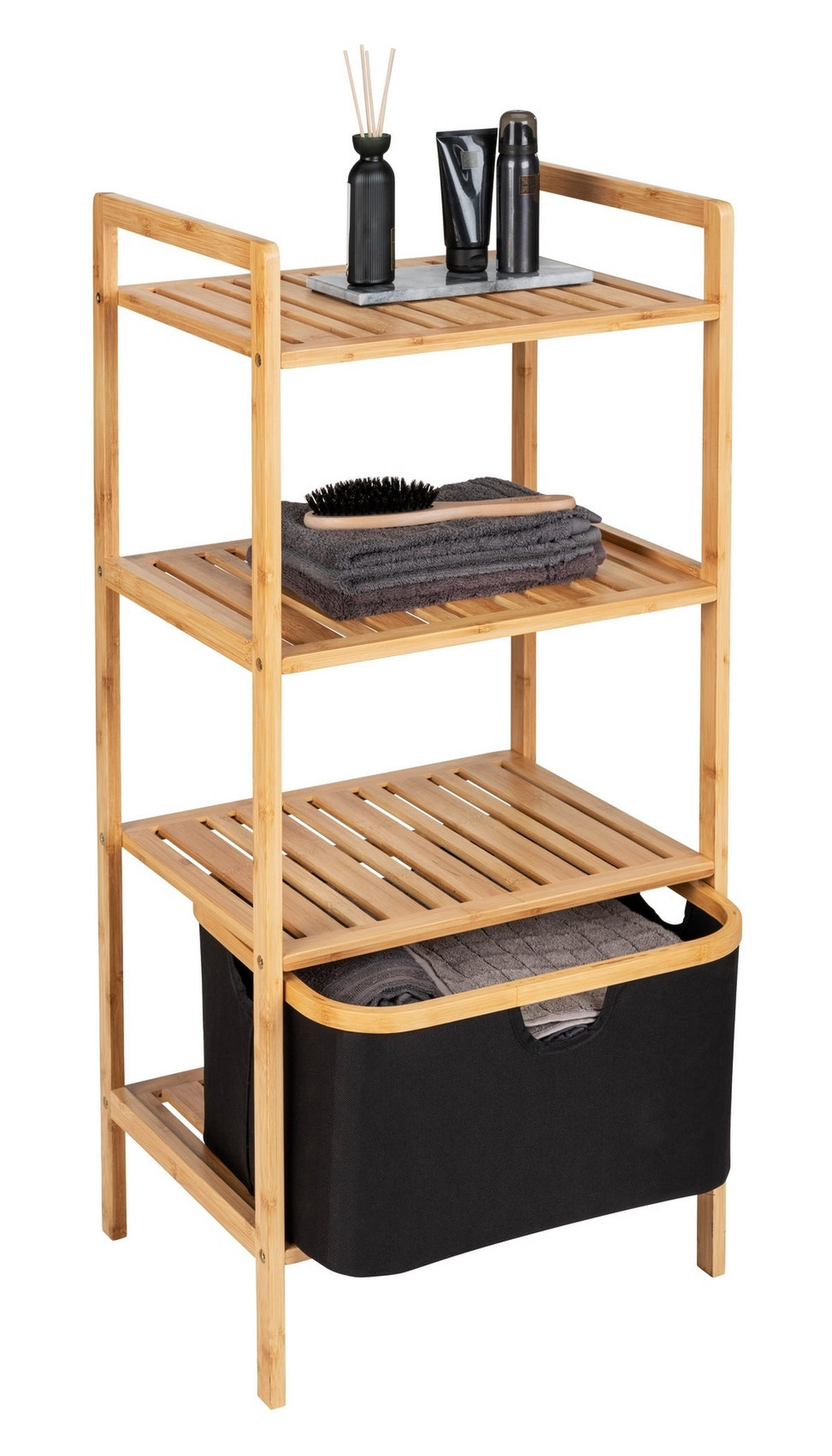 BADEZIMMERREGAL 44/93,5/33 cm  - Schwarz/Naturfarben, KONVENTIONELL, Holz/Textil (44/93,5/33cm) - Wenko