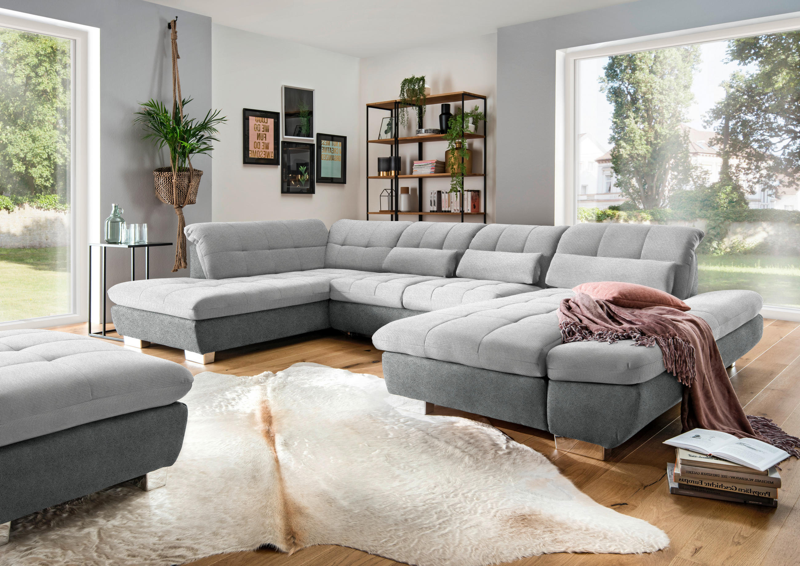 WOHNLANDSCHAFT in Mikrofaser Hellgrau  - Chromfarben/Hellgrau, Design, Kunststoff/Textil (211/350/204cm) - Xora