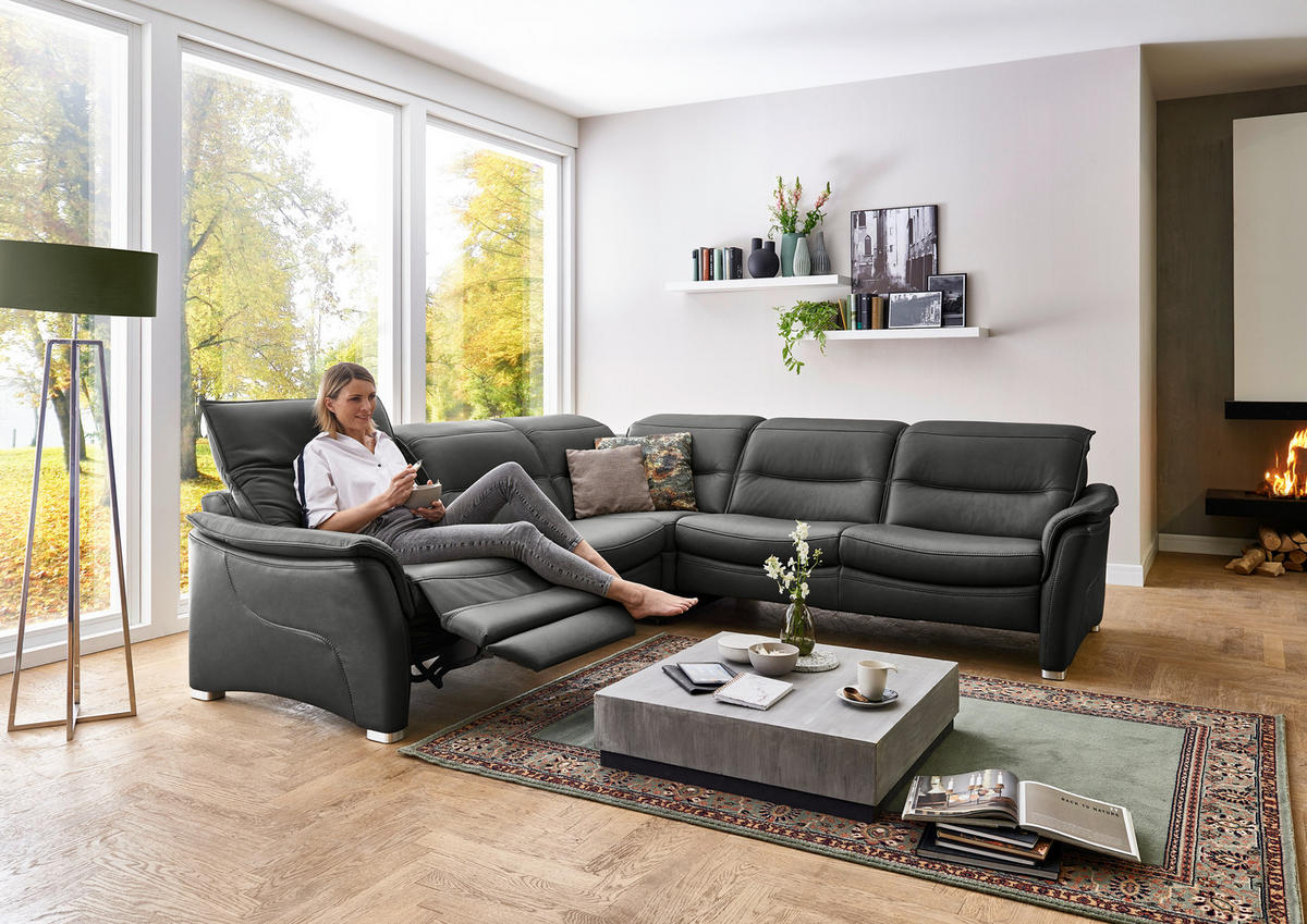 ECKSOFA in Echtleder Schwarz  - Alufarben/Schwarz, Design, Leder/Metall (277/277cm) - Valdera