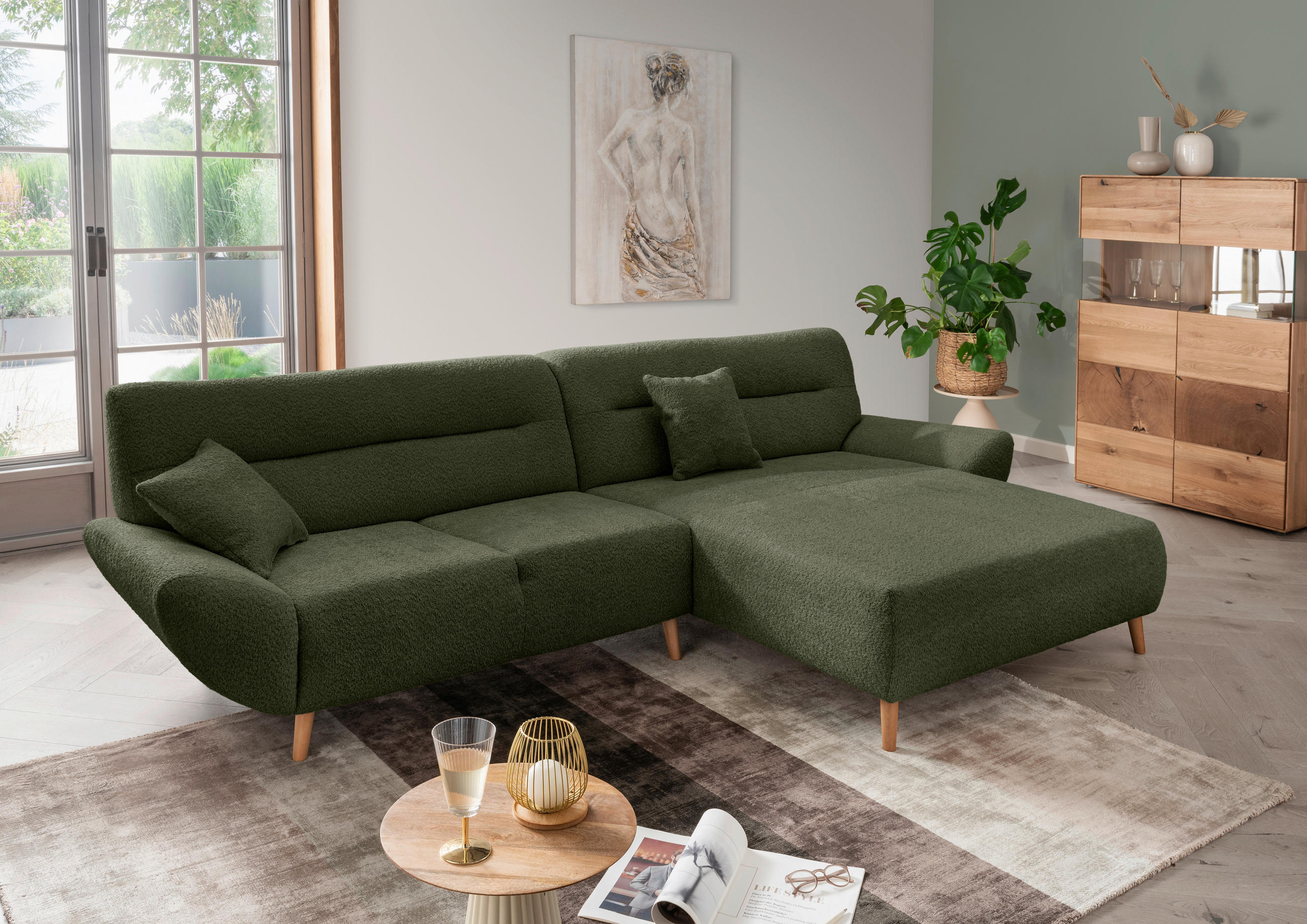 ECKSOFA in Bouclé Waldgrün  290/166 cm  - Waldgrün/Wildeiche, KONVENTIONELL, Holz/Textil (290/166cm) - MID.YOU
