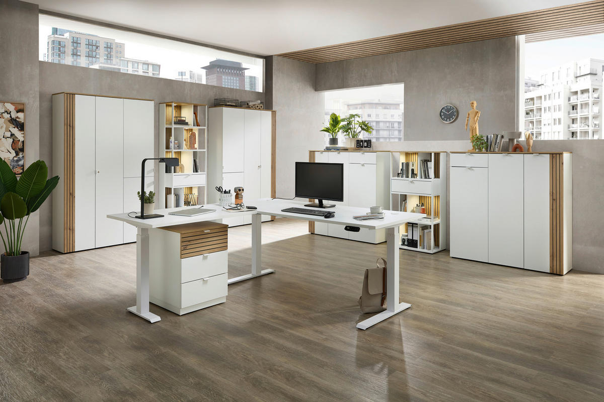 SCHREIBTISCH 150/77/73 cm Weiß, Eiche Artisan Kabeldurchlass, Stauraum  - Weiß/Eiche Artisan, KONVENTIONELL, Holzwerkstoff/Metall (150/77/73cm) - Voleo