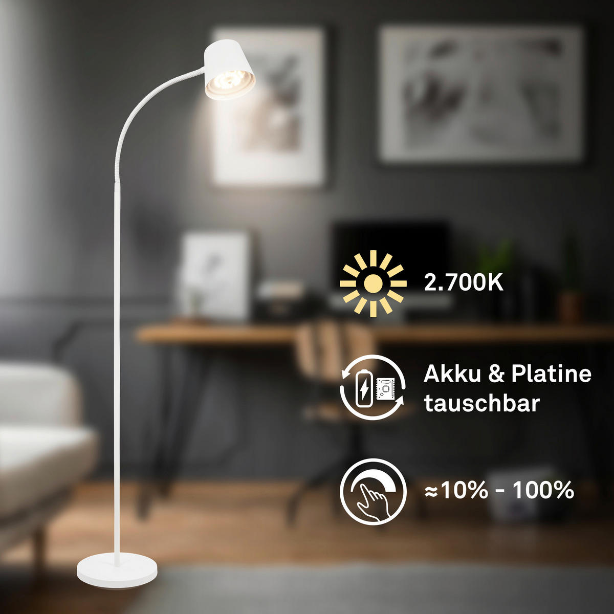 AKKU-STEHLEUCHTE 42/126,50 cm    - Weiß, Design, Kunststoff/Metall (42/126,50cm)