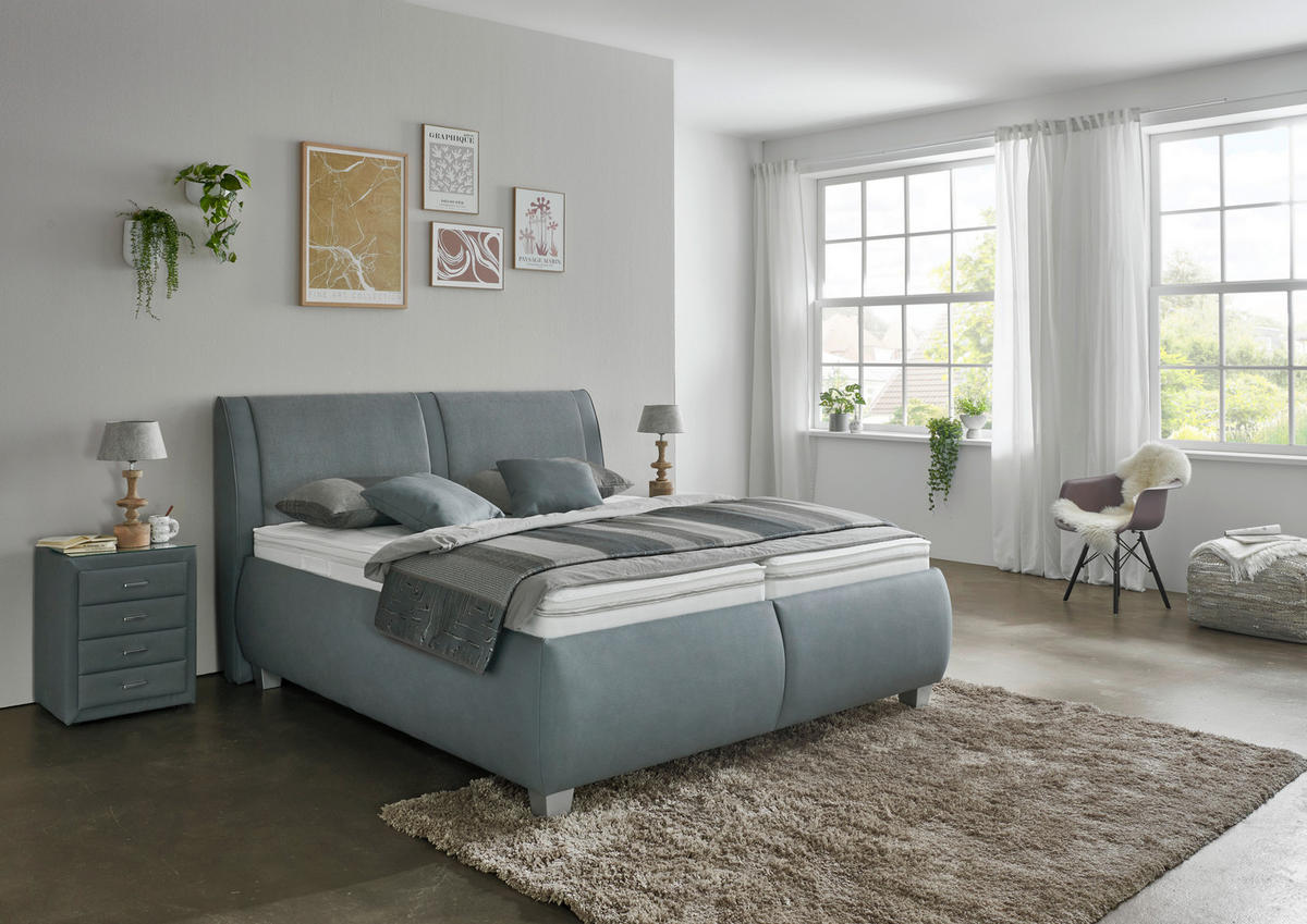 POLSTERBETT 180/200 cm,  in Blaugrau, Matratze, Lattenrost, Bettkasten, unterschiedliche Matratzenhärtegrade je Bettseite, H2 + H2 = mittel  - Silberfarben/Blaugrau, Design, Holzwerkstoff/Kunststoff (180/200cm) - Beldomo - Sleep