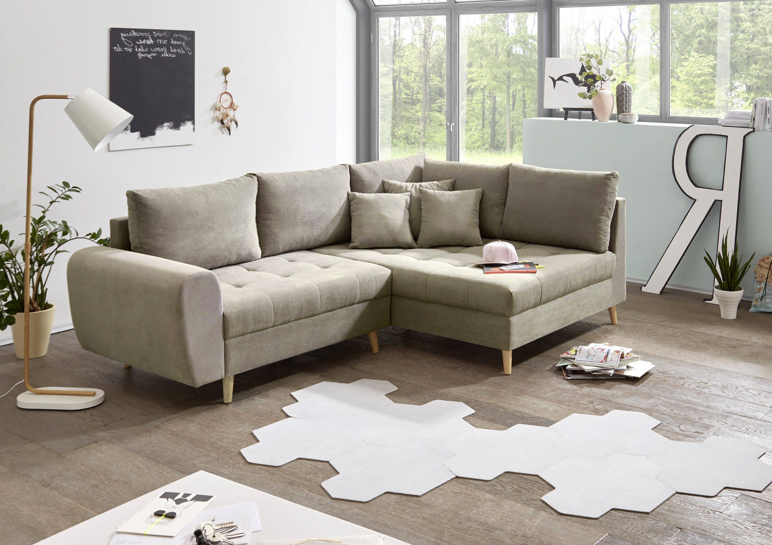 ECKSOFA in Mikrovelours Sandfarben - Sandfarben/Kieferfarben, Konventionell, Holzwerkstoff/Kunststoff (249/175cm) - MID.YOU