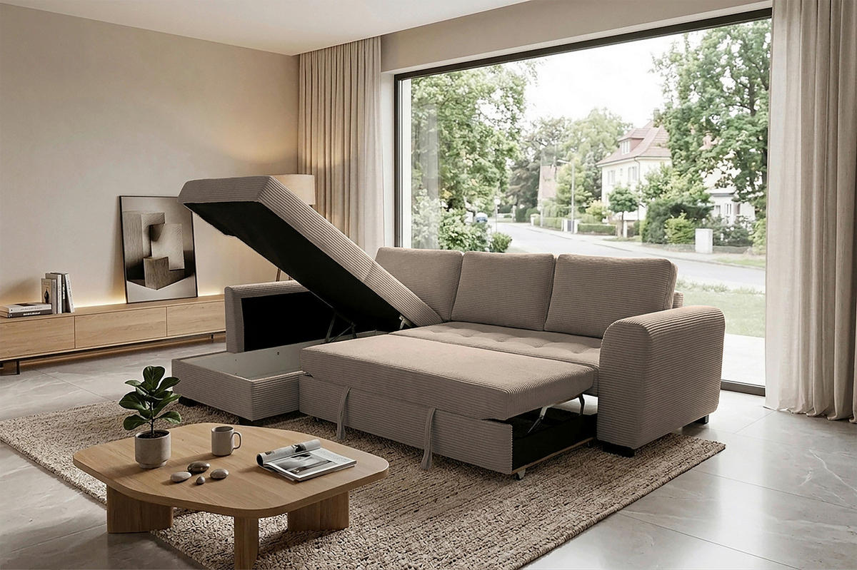 ECKSOFA JOHN Karamell Cord Rückenkissen, Bettkasten, Liegefläche im Originalstoff  - Karamell/Schwarz, Trend, Kunststoff/Textil (178/239cm) - P & B