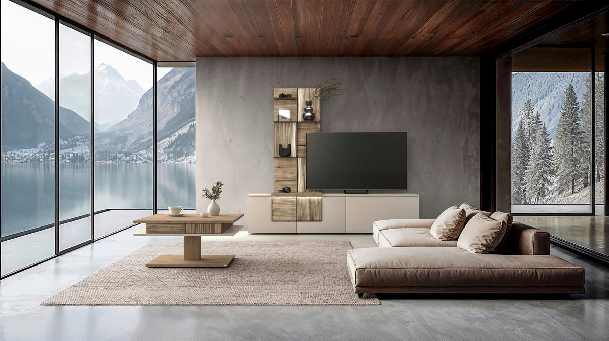 WOHNWAND  in Taupe, Wildeiche 224/198/44,9 cm  - Taupe/Wildeiche, Design, Glas/Holz (224/198/44,9cm) - Voglauer