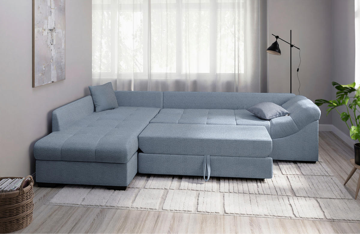 ECKSCHLAFSOFA Hellblau Chenille  - Schwarz/Hellblau, MODERN, Holz/Textil (202/298cm) - MID.YOU