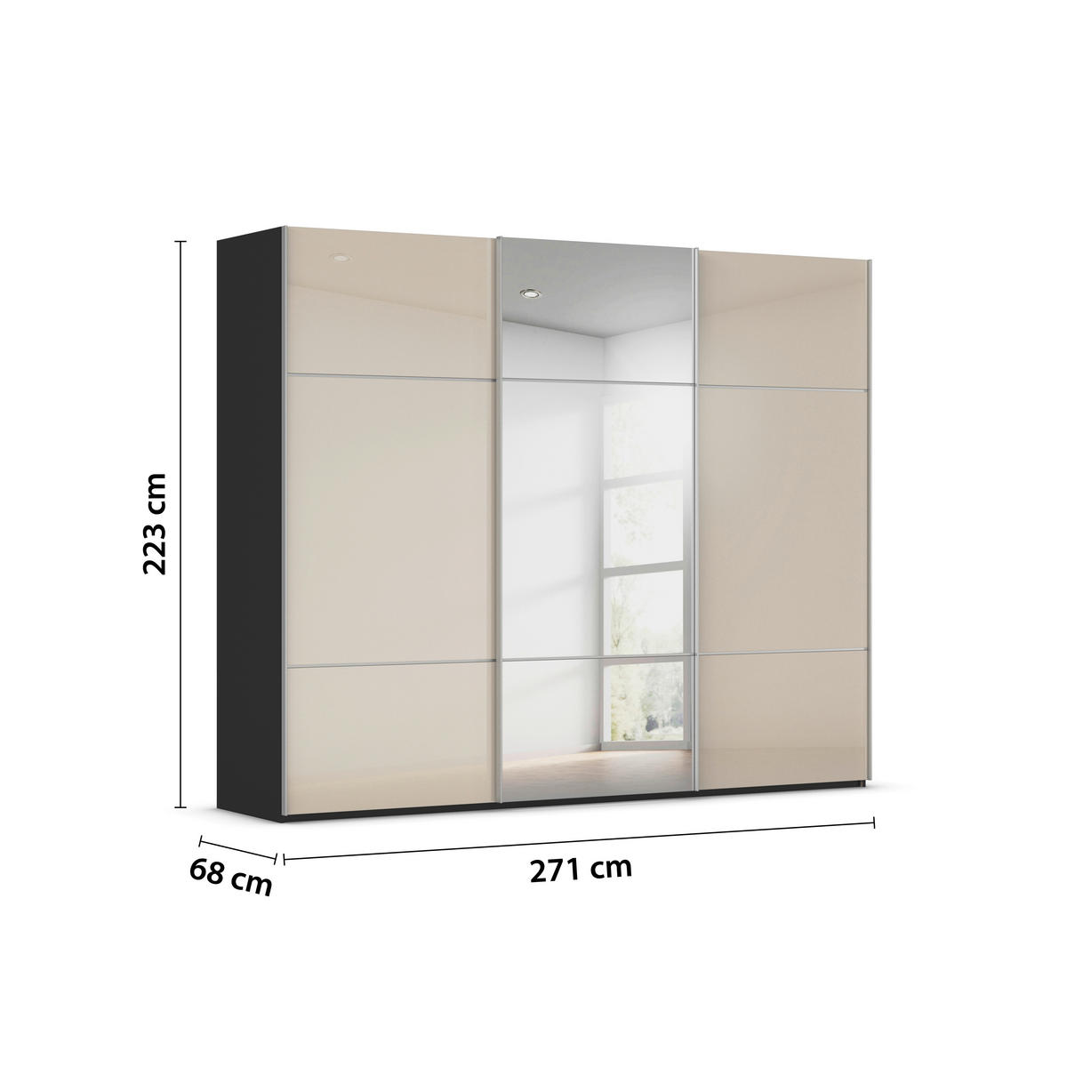 SCHWEBETÜRENSCHRANK  in Schwarz, Champagner  - Champagner/Alufarben, KONVENTIONELL, Glas/Holzwerkstoff (271/223/68cm) - Novel