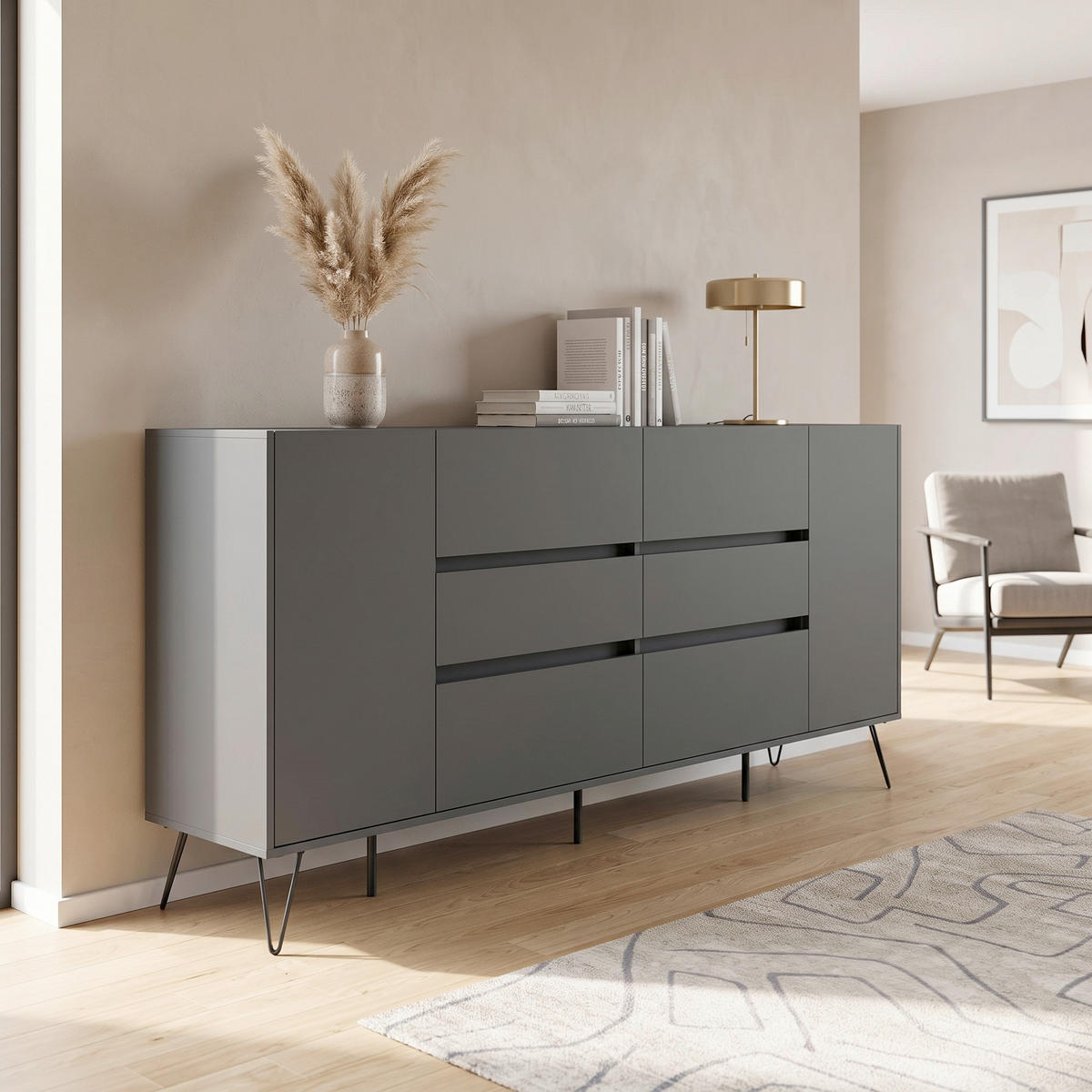 SIDEBOARD Posseik Industrial 199/93,6/42 cm 6 Schublade(n)  - Graphitfarben/Schwarz, Design, Holzwerkstoff/Metall (199/93,6/42cm) - MID.YOU