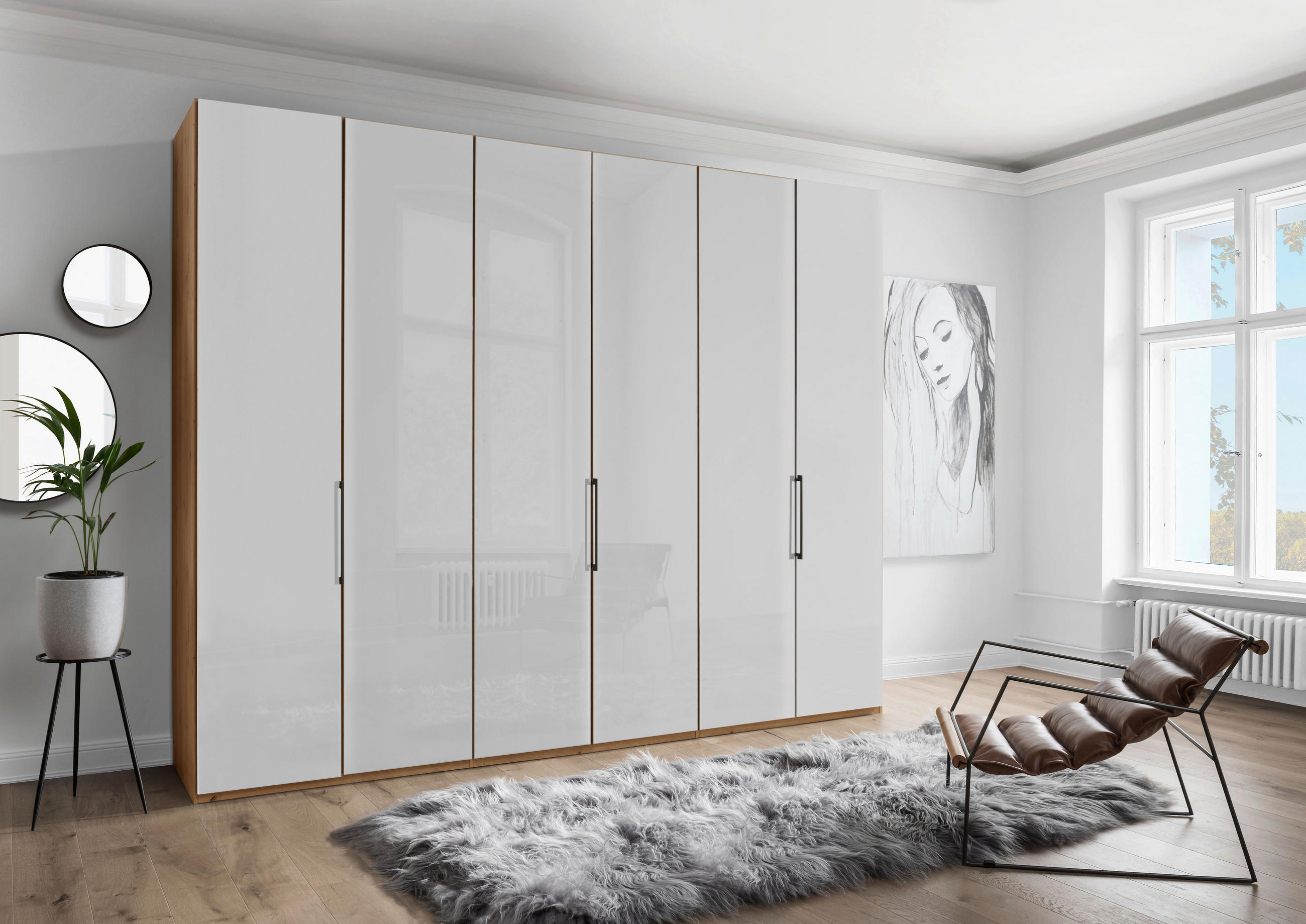 DREHTÜRENSCHRANK 300/236/58 cm 6-türig Weiß, Eiche Bianco  - Schieferfarben/Eiche Bianco, KONVENTIONELL, Glas/Holzwerkstoff (300/236/58cm) - Dieter Knoll