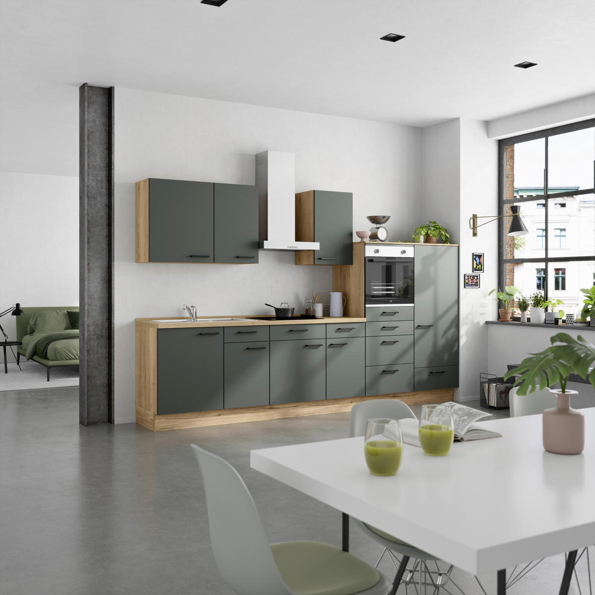 KÜCHENBLOCK Easytouch 330 cm  in Eichefarben, Dunkelgrün  - Dunkelgrün/Eichefarben, MODERN, Holzwerkstoff/Metall (330cm) - Nobilia