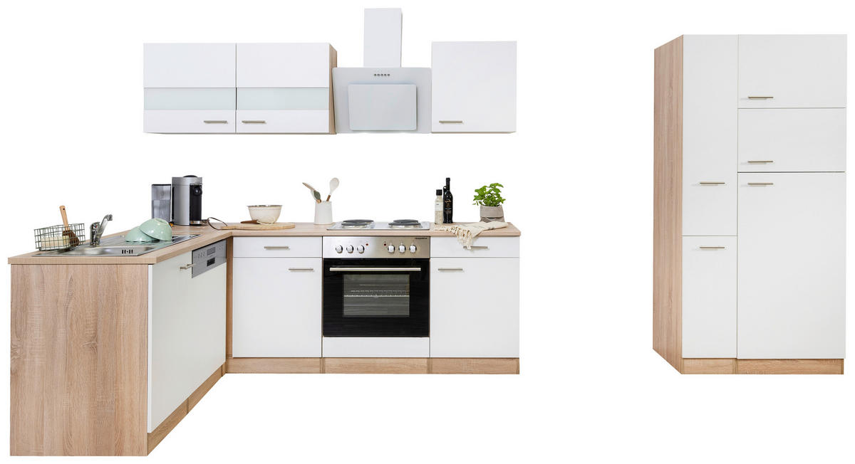 ECKKÜCHE 172/310 cm  in Weiß, Eichefarben  - Chromfarben/Eichefarben, Basics, Glas/Holzwerkstoff (172/310cm) - Respekta