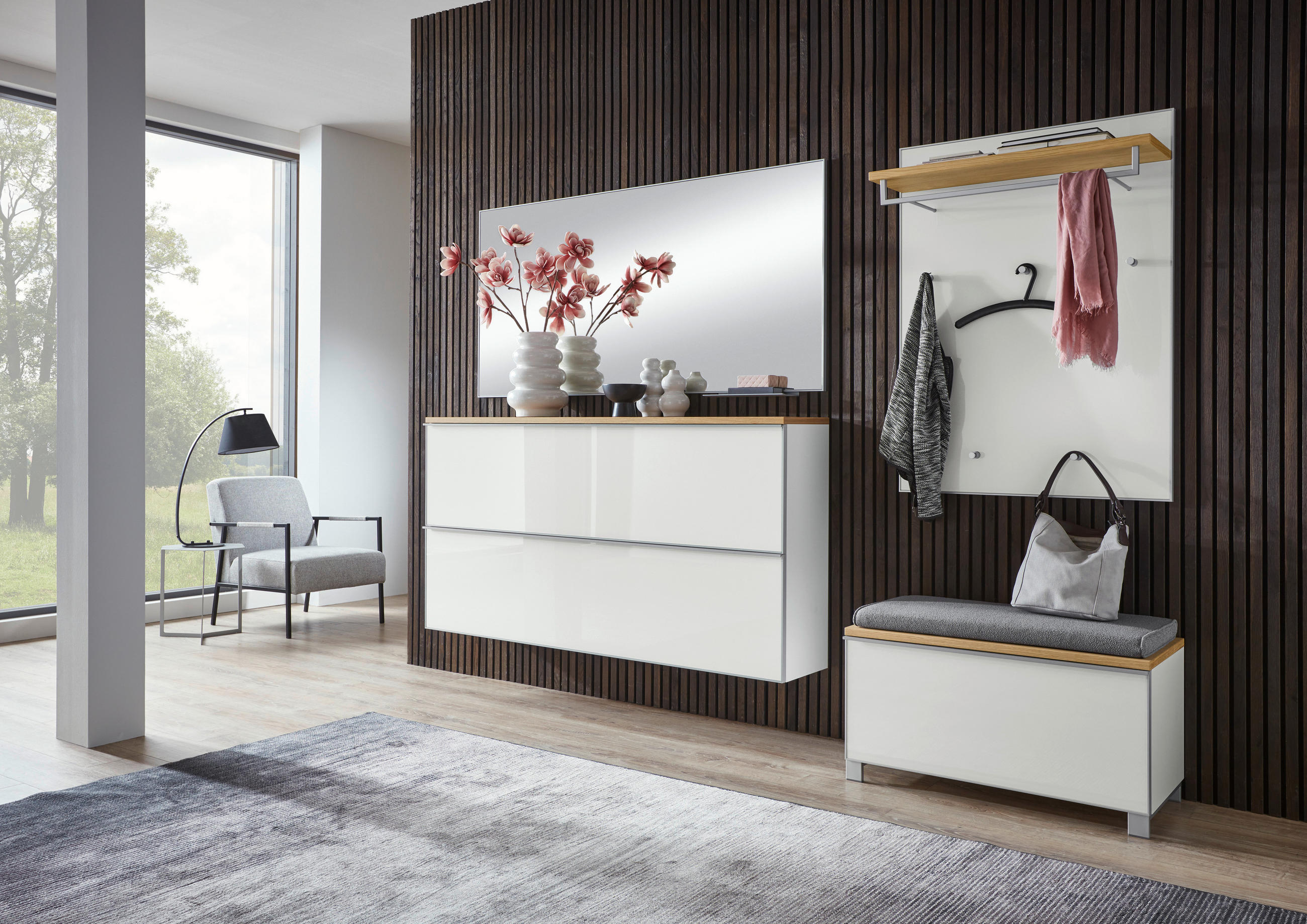 GARDEROBE 6-teilig in 265/195/40 cm - Alufarben/Weiß, Design, Glas/Holz (265/195/40cm)
