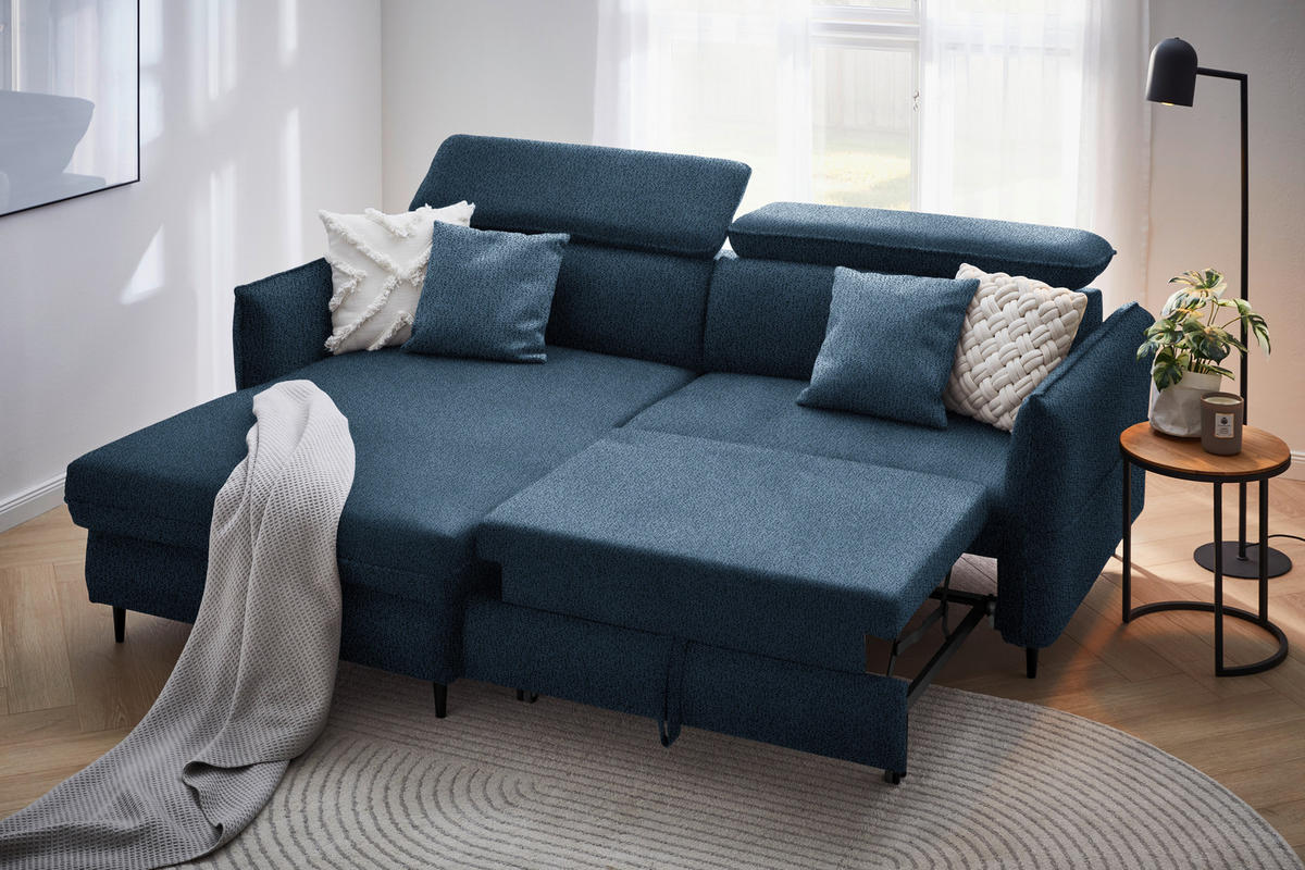 ECKSOFA in Flachgewebe Dunkelblau  - Schwarz/Dunkelblau, Design, Holz/Textil (185/232cm) - Stylife