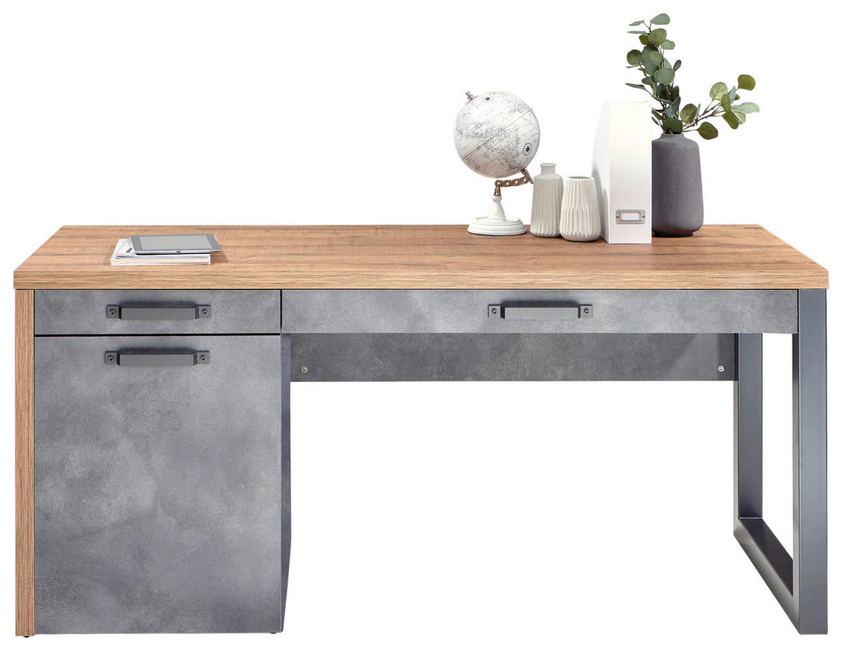 Birou in material pe bază de lemn  - culoare lemn stejar/gri, Trend, metal/material pe bază de lemn (170/69/76cm) - Stylife