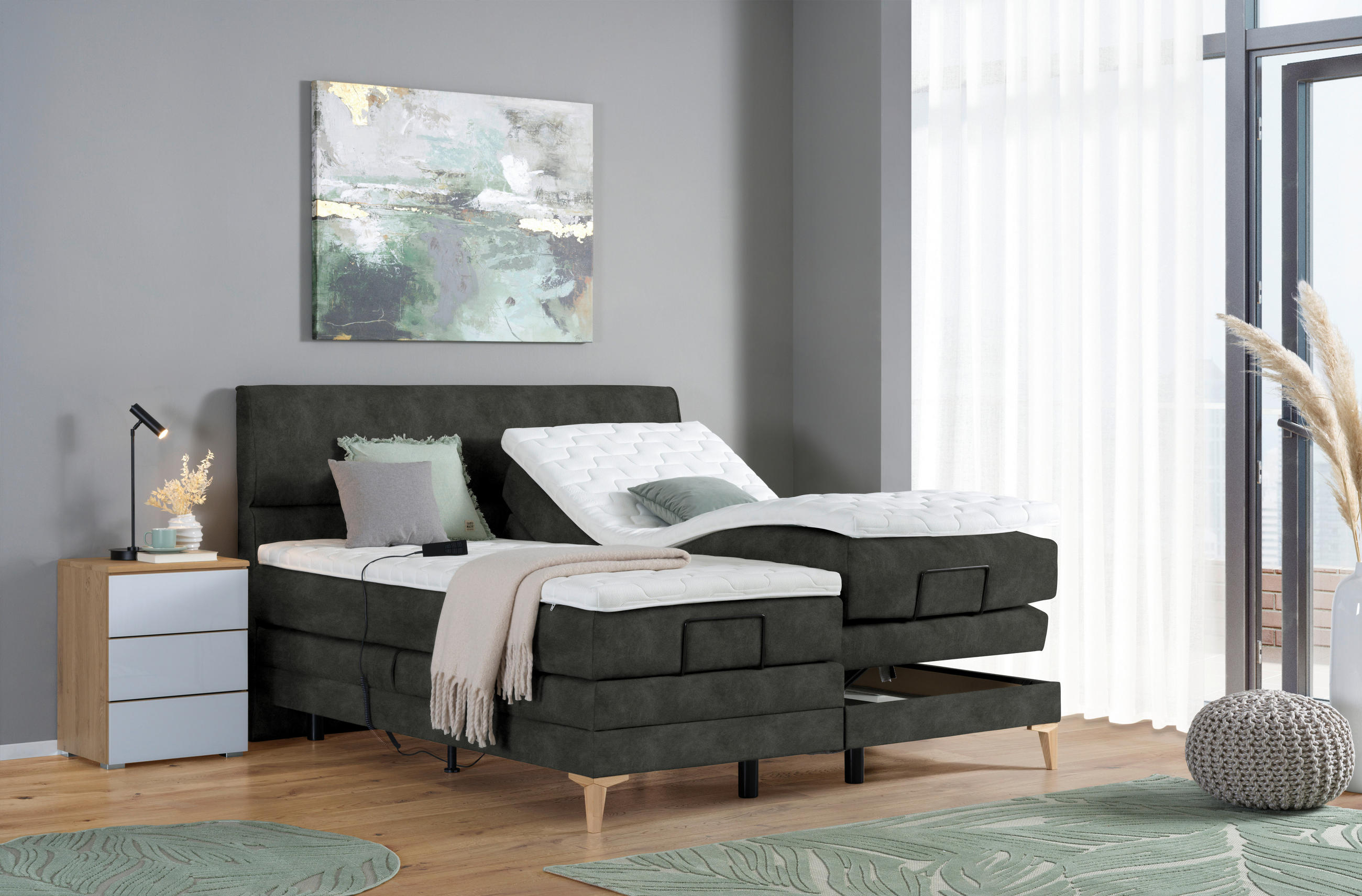 BOXSPRINGBETT 200/200 cm  in Dunkelgrau  - Eichefarben/Dunkelgrau, KONVENTIONELL, Holz/Textil (200/200cm) - Voleo