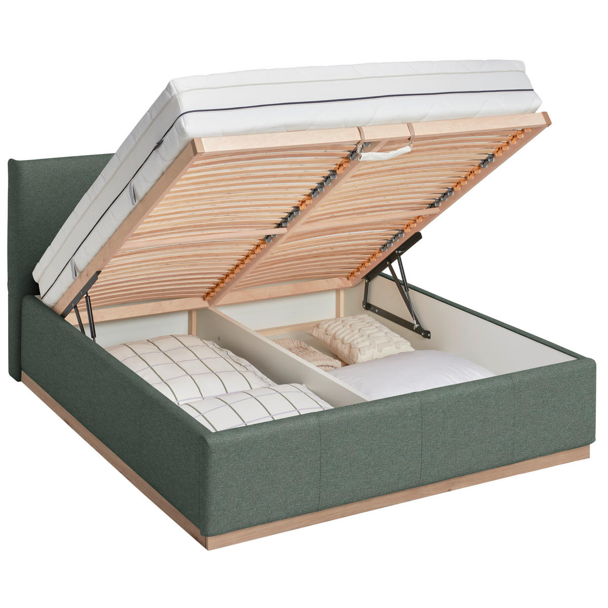 POLSTERBETT Beleuchtung, Lattenrost, Bettkasten Salbeigrün 200/200 cm  - Salbeigrün/Birkefarben, Design, Holz/Holzwerkstoff (200/200cm) - Lomoco