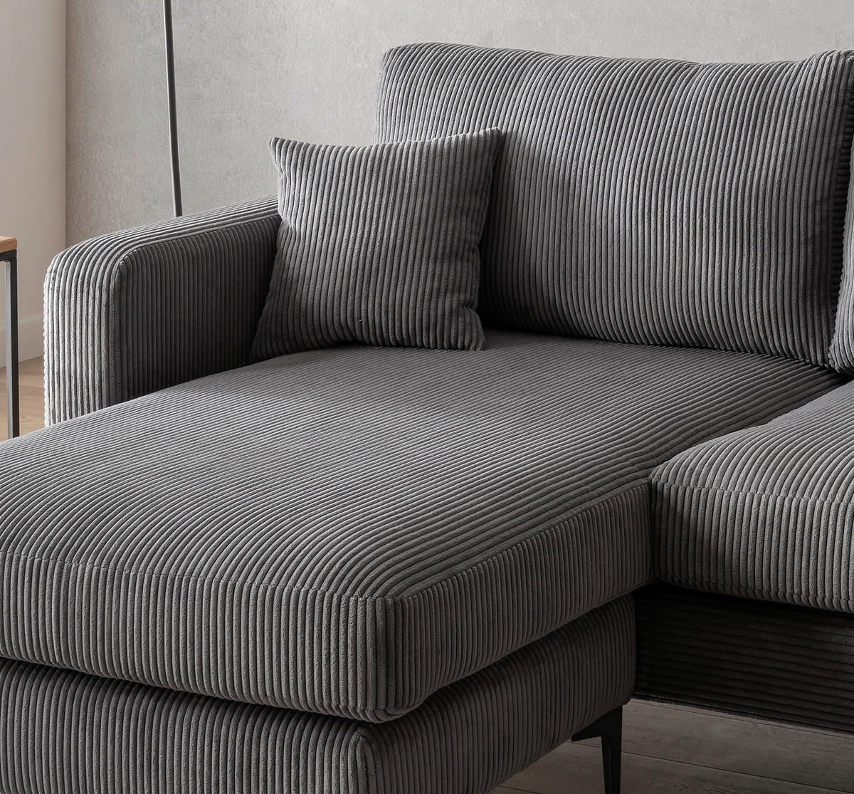 ECKSOFA Eliza Grau Cord  - Schwarz/Grau, Basics, Textil/Metall (204/153cm) - Livetastic
